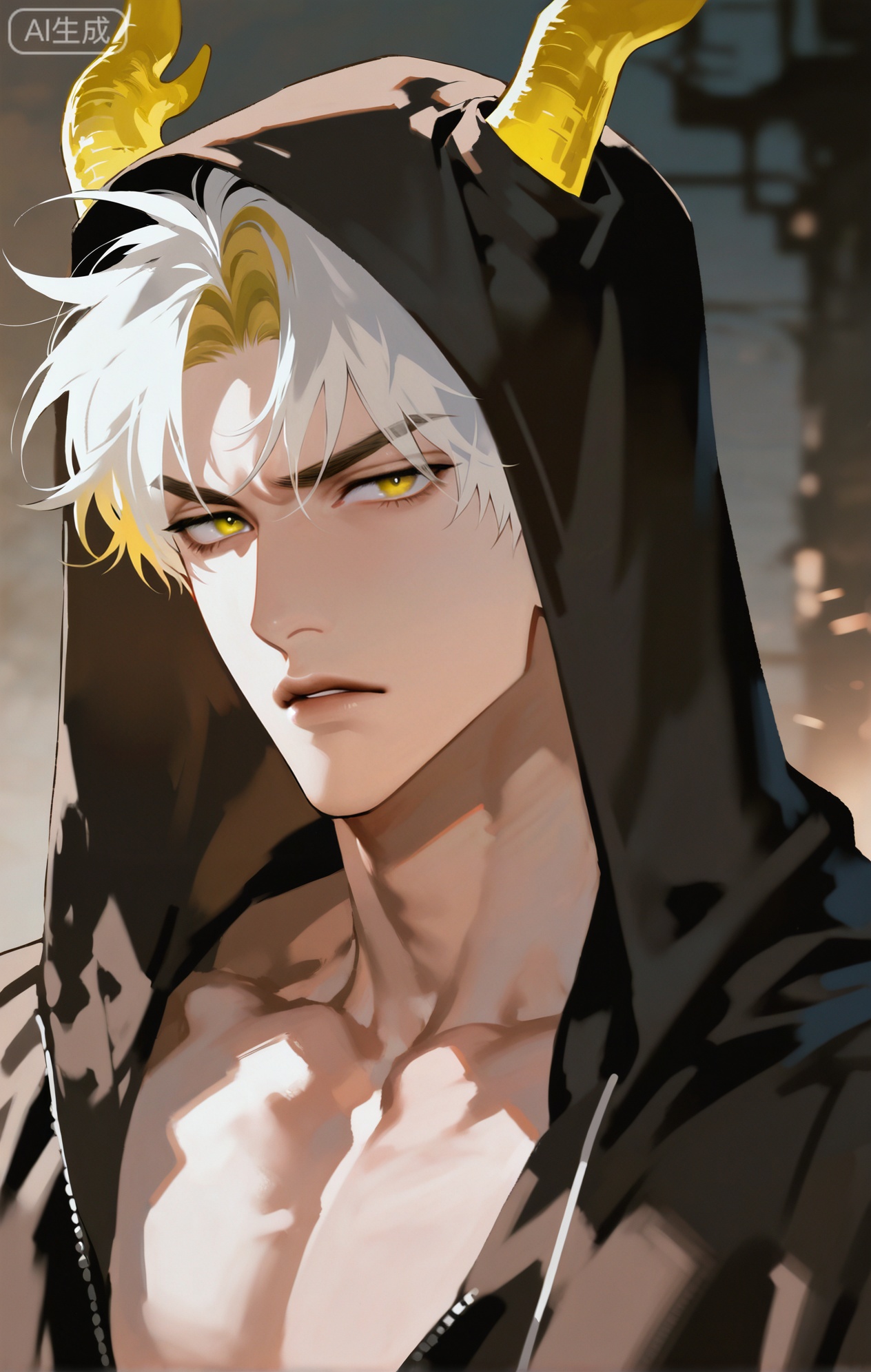 Small note art style,,xiaozhitiao,yu xuan,multicolored hair,White dragon tail,White dragon horns,yellow eyes,white hair,blonde hair,1boy,bangs ,socks,white socks,dianmei



(artist:mazjojo:0.53),(artist:pigeon666:0.37),(artist:zawar379:0.57),(artist:remsrar:0.35),(artist:yoneyama mai:0.64),(yokoyari mengo:0.6),1boy,male focus,portrait,close - up,short, spiky hair,hooded pajamas,hood up, a black leather - like scarf tightly wrapped around neck, defined abs (visible through the thin fabric of the pajama top), dim light in the background, creating a contrast with the illuminated face, intense expression, sharp - angled face, thin lips slightly pursed, deep - set eyes with a dark brown color, furrowed brows, concentrating deeply, the pajama hood has silver - colored drawstrings