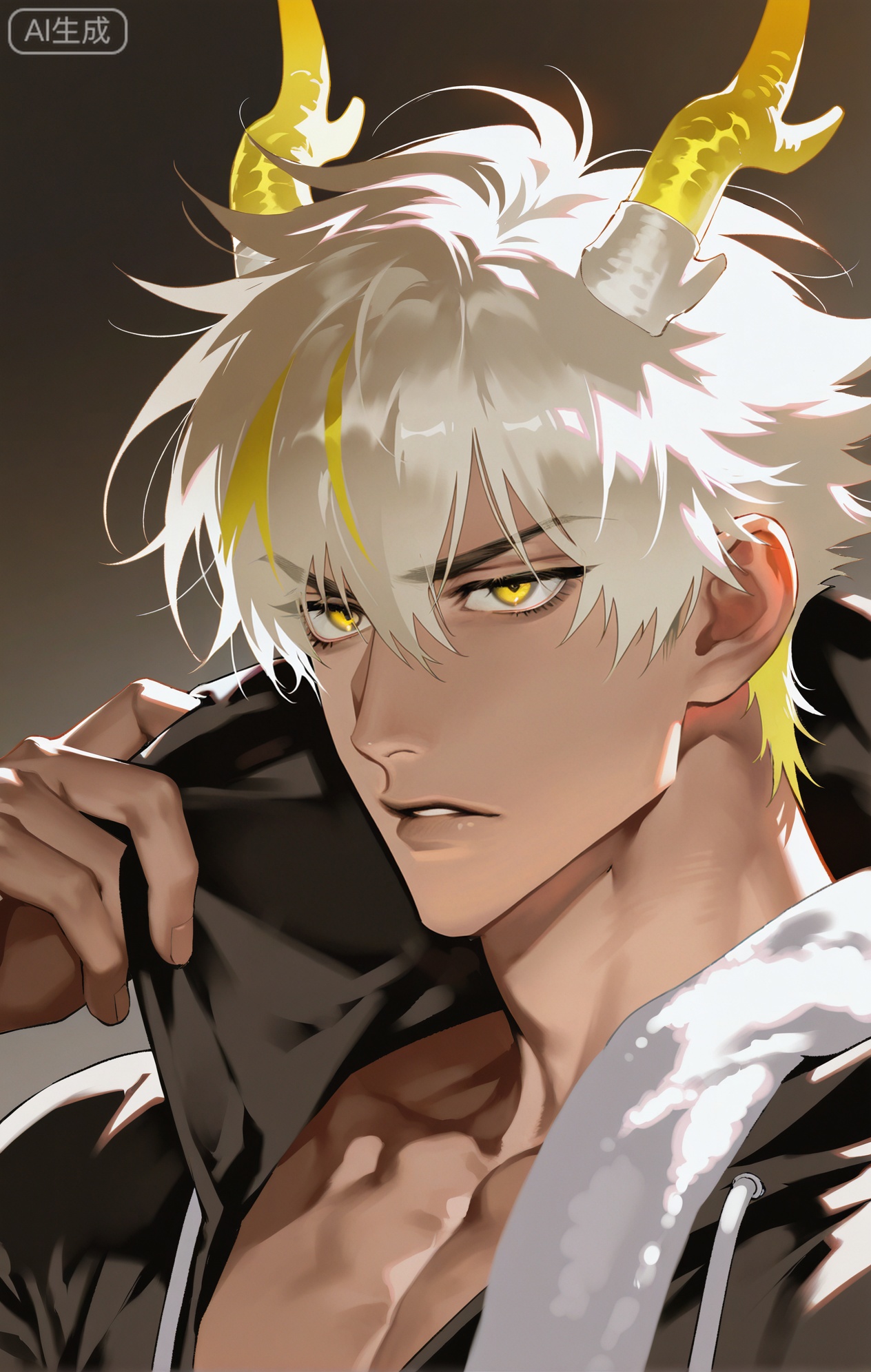 Small note art style,,xiaozhitiao,yu xuan,multicolored hair,White dragon tail,White dragon horns,yellow eyes,white hair,blonde hair,1boy,bangs ,socks,white socks,dianmei



(artist:mazjojo:0.53),(artist:pigeon666:0.37),(artist:zawar379:0.57),(artist:remsrar:0.35),(artist:yoneyama mai:0.64),(yokoyari mengo:0.6),1boy,male focus,portrait,close - up,short, spiky hair,hooded pajamas,hood up, a black leather - like scarf tightly wrapped around neck, defined abs (visible through the thin fabric of the pajama top), dim light in the background, creating a contrast with the illuminated face, intense expression, sharp - angled face, thin lips slightly pursed, deep - set eyes with a dark brown color, furrowed brows, concentrating deeply, the pajama hood has silver - colored drawstrings