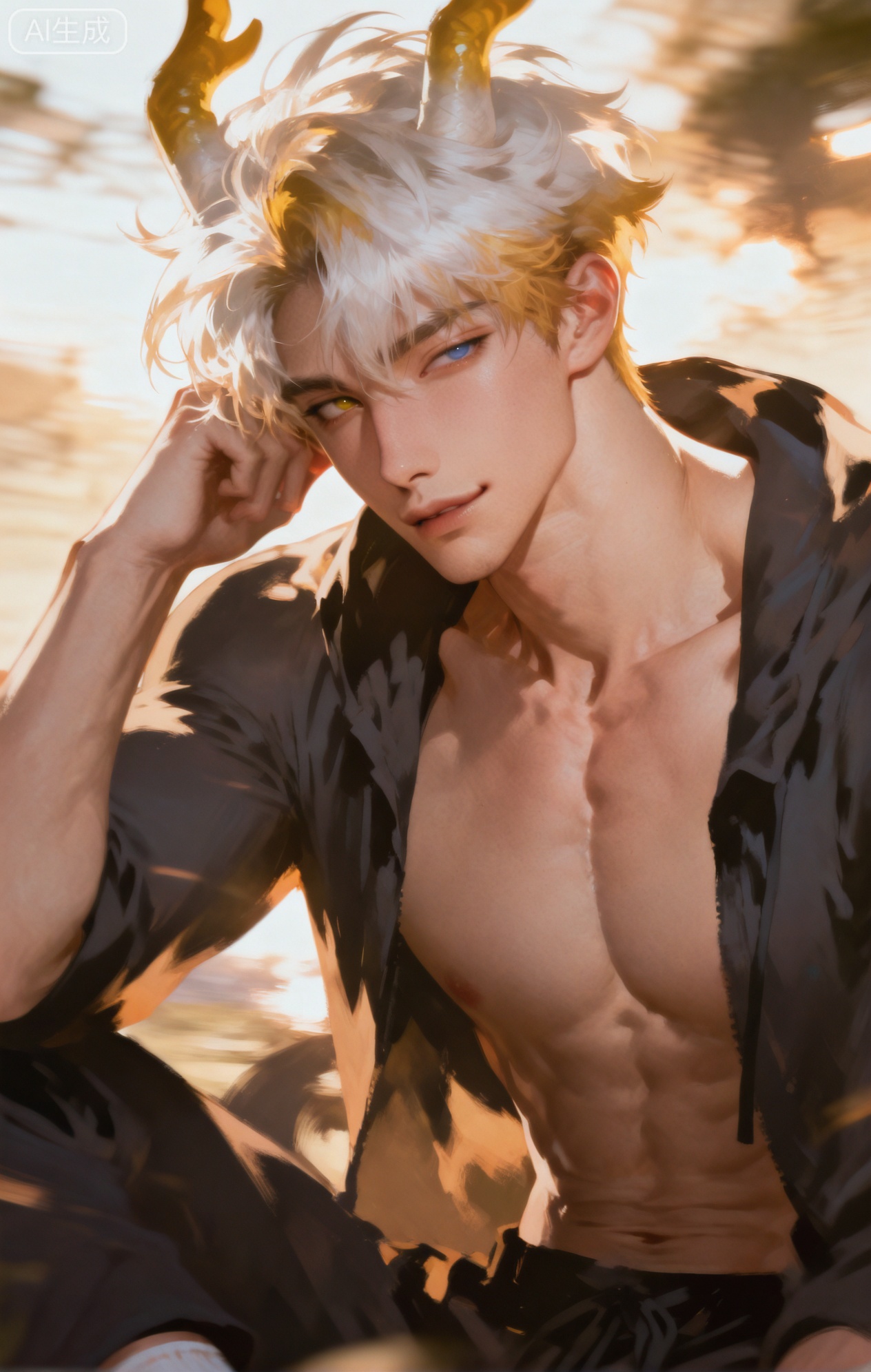 Small note art style,,xiaozhitiao,yu xuan,multicolored hair,White dragon tail,White dragon horns,yellow eyes,white hair,blonde hair,1boy,bangs ,socks,white socks,dianmei



(artist:mazjojo:0.53),(artist:pigeon666:0.37),(artist:zawar379:0.57),(artist:remsrar:0.35),(artist:yoneyama mai:0.64),(yokoyari mengo:0.6),1boy,male focus,portrait,headshot,curly hair,hooded pajamas,hood down, a red silk scarf casually thrown over one shoulder, toned abs (hinting through the fabric), warm, orange - hued light as if from a bedside lamp, a tipsy, happy expression, oval face, plump lips curved in a wide smile, bright blue eyes with a glint of amusement, rosy cheeks, a lock of hair falling over one eye, the silk scarf has a shiny, iridescent quality