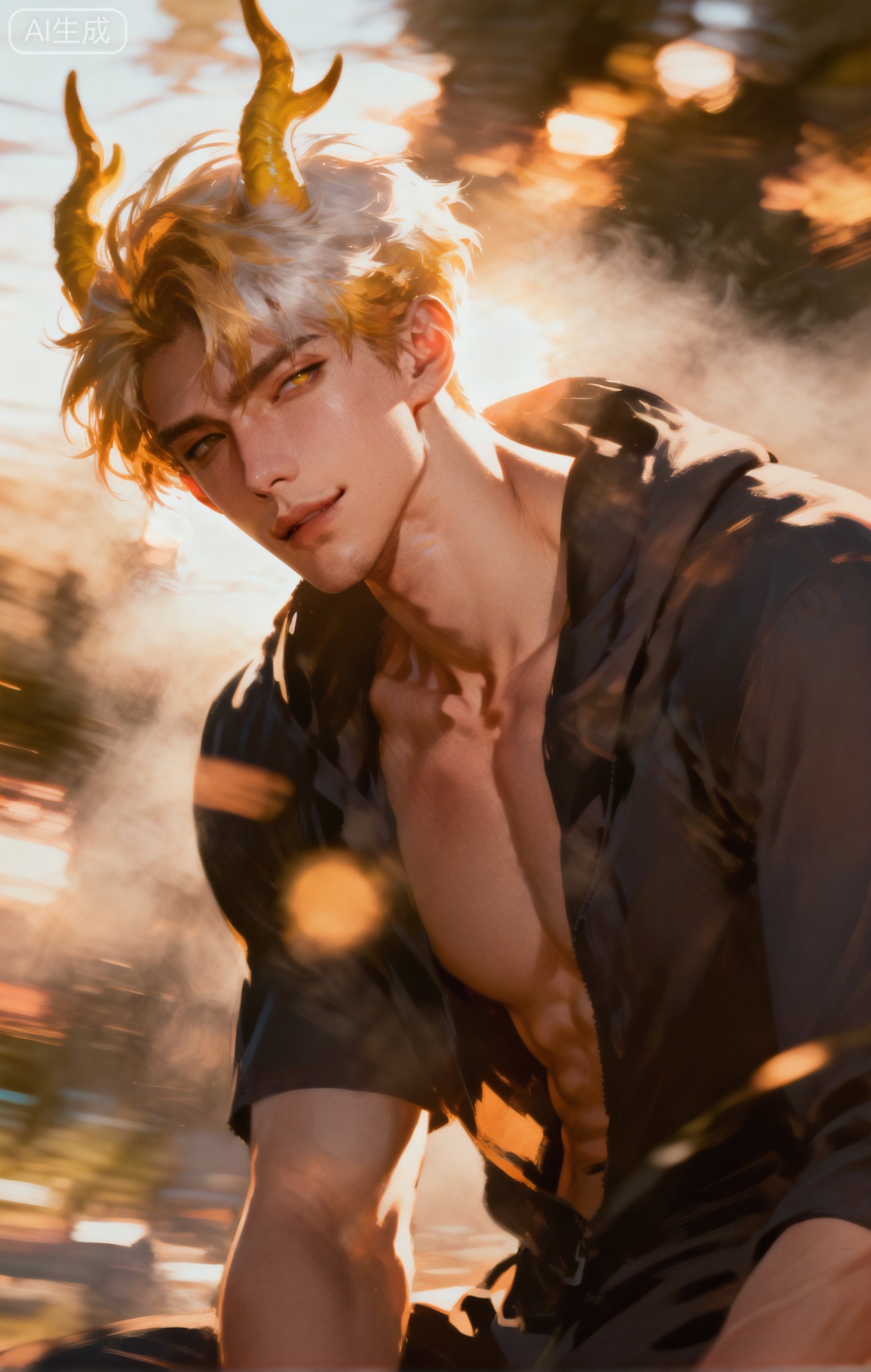 Small note art style,,xiaozhitiao,yu xuan,multicolored hair,White dragon tail,White dragon horns,yellow eyes,white hair,blonde hair,1boy,bangs ,socks,white socks,dianmei



(artist:mazjojo:0.53),(artist:pigeon666:0.37),(artist:zawar379:0.57),(artist:remsrar:0.35),(artist:yoneyama mai:0.64),(yokoyari mengo:0.6),1boy,male focus,portrait,headshot,curly hair,hooded pajamas,hood down, a red silk scarf casually thrown over one shoulder, toned abs (hinting through the fabric), warm, orange - hued light as if from a bedside lamp, a tipsy, happy expression, oval face, plump lips curved in a wide smile, bright blue eyes with a glint of amusement, rosy cheeks, a lock of hair falling over one eye, the silk scarf has a shiny, iridescent quality