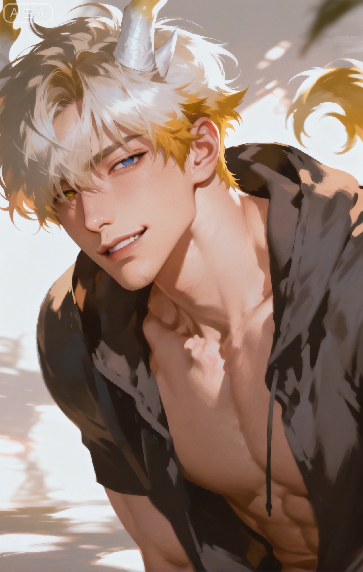 Small note art style,,xiaozhitiao,yu xuan,multicolored hair,White dragon tail,White dragon horns,yellow eyes,white hair,blonde hair,1boy,bangs ,socks,white socks,dianmei



(artist:mazjojo:0.53),(artist:pigeon666:0.37),(artist:zawar379:0.57),(artist:remsrar:0.35),(artist:yoneyama mai:0.64),(yokoyari mengo:0.6),1boy,male focus,portrait,headshot,curly hair,hooded pajamas,hood down, a red silk scarf casually thrown over one shoulder, toned abs (hinting through the fabric), warm, orange - hued light as if from a bedside lamp, a tipsy, happy expression, oval face, plump lips curved in a wide smile, bright blue eyes with a glint of amusement, rosy cheeks, a lock of hair falling over one eye, the silk scarf has a shiny, iridescent quality