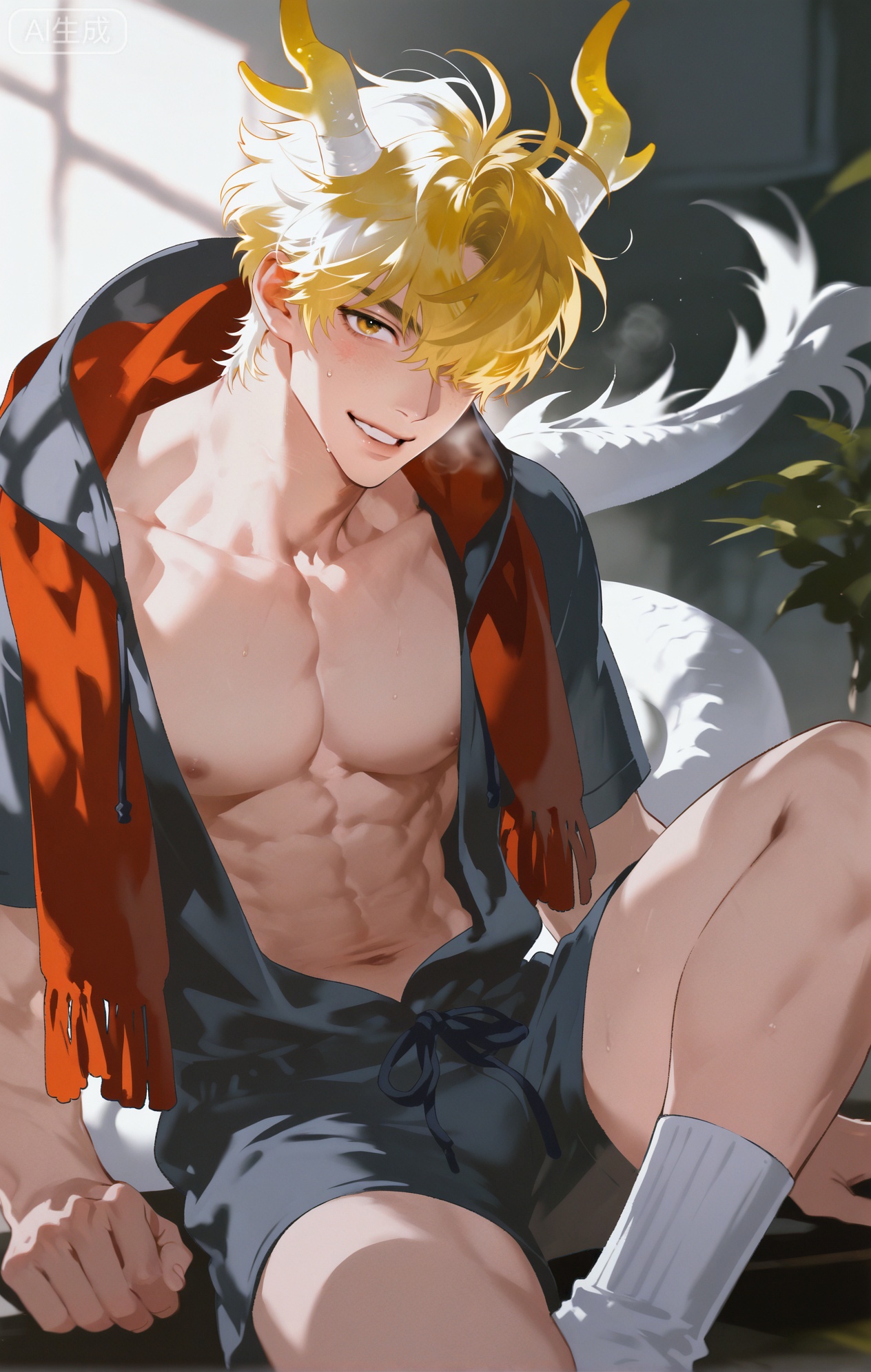 Small note art style,,xiaozhitiao,yu xuan,multicolored hair,White dragon tail,White dragon horns,yellow eyes,white hair,blonde hair,1boy,bangs ,socks,white socks,dianmei



(artist:mazjojo:0.53),(artist:pigeon666:0.37),(artist:zawar379:0.57),(artist:remsrar:0.35),(artist:yoneyama mai:0.64),(yokoyari mengo:0.6),1boy,male focus,portrait,headshot,curly hair,hooded pajamas,hood down, a red silk scarf casually thrown over one shoulder, toned abs (hinting through the fabric), warm, orange - hued light as if from a bedside lamp, a tipsy, happy expression, oval face, plump lips curved in a wide smile, bright blue eyes with a glint of amusement, rosy cheeks, a lock of hair falling over one eye, the silk scarf has a shiny, iridescent quality