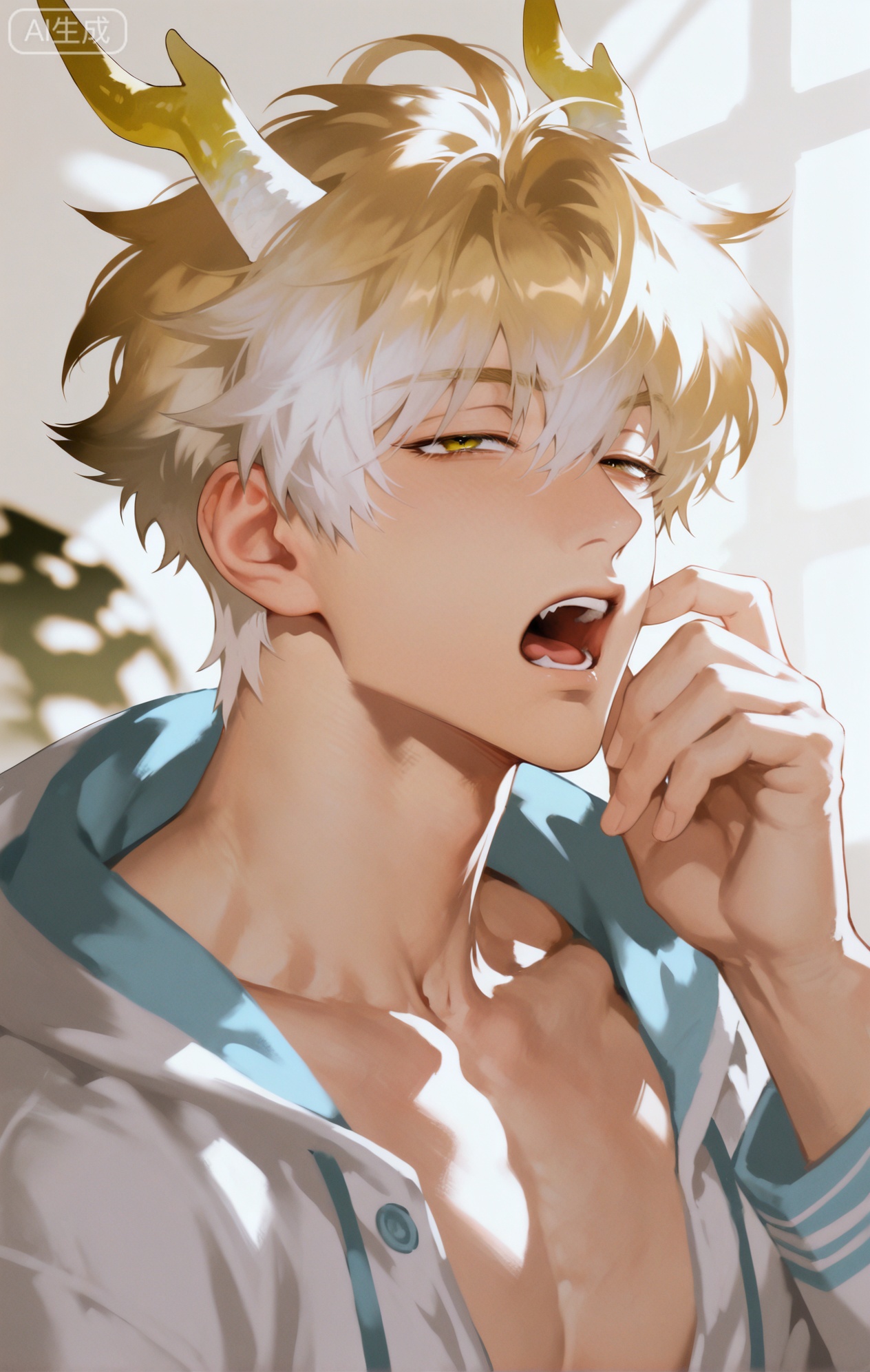 Small note art style,,xiaozhitiao,yu xuan,multicolored hair,White dragon tail,White dragon horns,yellow eyes,white hair,blonde hair,1boy,bangs ,socks,white socks,dianmei



(artist:mazjojo:0.53),(artist:pigeon666:0.37),(artist:zawar379:0.57),(artist:remsrar:0.35),(artist:yoneyama mai:0.64),(yokoyari mengo:0.6),1boy,male focus,portrait,close - up,bed - head hair,hooded pajamas,hood up, a gray woolen scarf around neck, six - pack abs (barely visible as the pajama top is loose), soft, diffused morning light filtering in, a sleepy expression, square - shaped face, half - lidded eyes with dark circles, slightly puffy cheeks, yawning with mouth wide open, the pajama hood is a bit disheveled, the woolen scarf has a nubby texture