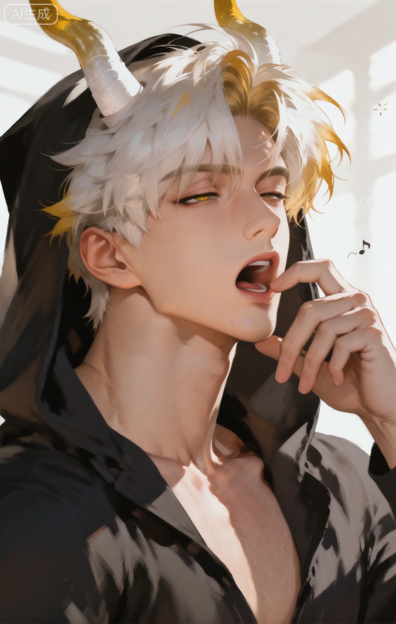 Small note art style,,xiaozhitiao,yu xuan,multicolored hair,White dragon tail,White dragon horns,yellow eyes,white hair,blonde hair,1boy,bangs ,socks,white socks,dianmei



(artist:mazjojo:0.53),(artist:pigeon666:0.37),(artist:zawar379:0.57),(artist:remsrar:0.35),(artist:yoneyama mai:0.64),(yokoyari mengo:0.6),1boy,male focus,portrait,close - up,bed - head hair,hooded pajamas,hood up, a gray woolen scarf around neck, six - pack abs (barely visible as the pajama top is loose), soft, diffused morning light filtering in, a sleepy expression, square - shaped face, half - lidded eyes with dark circles, slightly puffy cheeks, yawning with mouth wide open, the pajama hood is a bit disheveled, the woolen scarf has a nubby texture