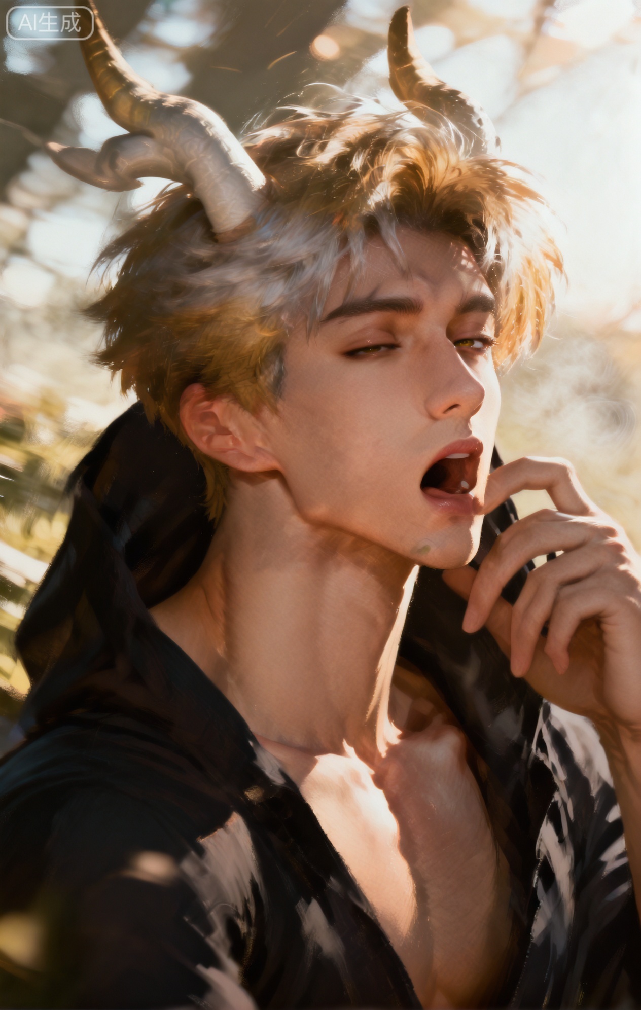 Small note art style,,xiaozhitiao,yu xuan,multicolored hair,White dragon tail,White dragon horns,yellow eyes,white hair,blonde hair,1boy,bangs ,socks,white socks,dianmei



(artist:mazjojo:0.53),(artist:pigeon666:0.37),(artist:zawar379:0.57),(artist:remsrar:0.35),(artist:yoneyama mai:0.64),(yokoyari mengo:0.6),1boy,male focus,portrait,close - up,bed - head hair,hooded pajamas,hood up, a gray woolen scarf around neck, six - pack abs (barely visible as the pajama top is loose), soft, diffused morning light filtering in, a sleepy expression, square - shaped face, half - lidded eyes with dark circles, slightly puffy cheeks, yawning with mouth wide open, the pajama hood is a bit disheveled, the woolen scarf has a nubby texture