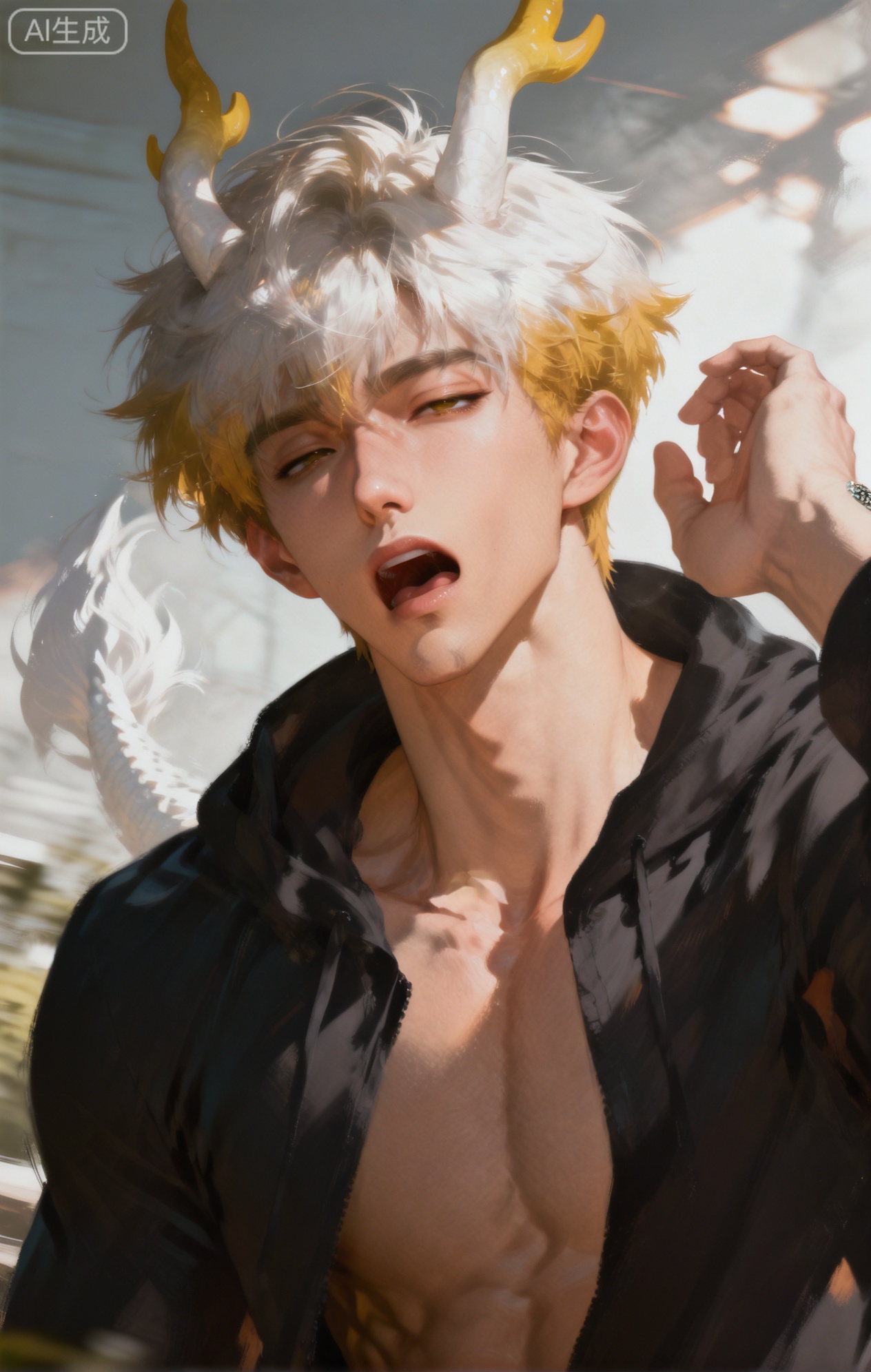 Small note art style,,xiaozhitiao,yu xuan,multicolored hair,White dragon tail,White dragon horns,yellow eyes,white hair,blonde hair,1boy,bangs ,socks,white socks,dianmei



(artist:mazjojo:0.53),(artist:pigeon666:0.37),(artist:zawar379:0.57),(artist:remsrar:0.35),(artist:yoneyama mai:0.64),(yokoyari mengo:0.6),1boy,male focus,portrait,close - up,bed - head hair,hooded pajamas,hood up, a gray woolen scarf around neck, six - pack abs (barely visible as the pajama top is loose), soft, diffused morning light filtering in, a sleepy expression, square - shaped face, half - lidded eyes with dark circles, slightly puffy cheeks, yawning with mouth wide open, the pajama hood is a bit disheveled, the woolen scarf has a nubby texture