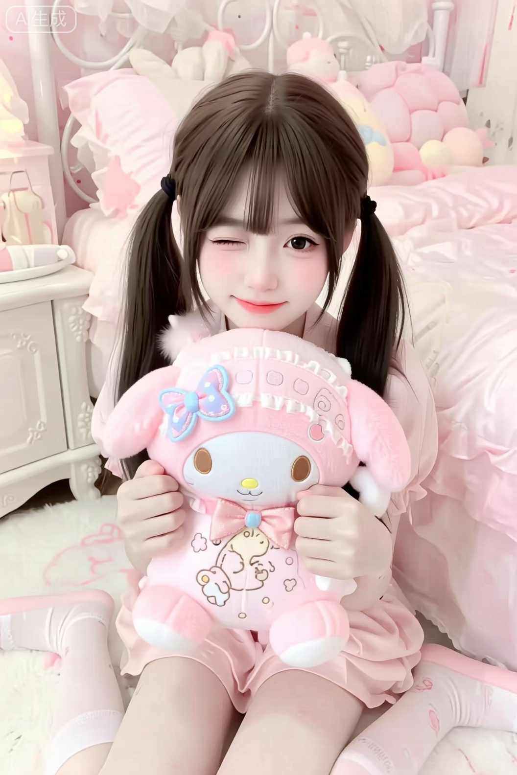 这张图片呈现了一个充满少女心的温馨场景！画面中的女孩留着双马尾长发,穿着粉色服饰,正俏皮地wink微笑,怀里亲密地抱着一个粉色卡通玩偶。玩偶上装饰着可爱的图案和蝴蝶结,显得特别温馨可人。

背景是一间布置精致的卧室,粉色床品和床头摆放的毛绒玩具营造出甜美梦幻的氛围。整体色调以柔和的粉色为主,搭配温暖的灯光效果,传递出青春活力的少女感和舒适柔和的生活气息。整个画面充满了快乐与治愈的能量,展现了女孩对可爱事物的喜爱之情。
