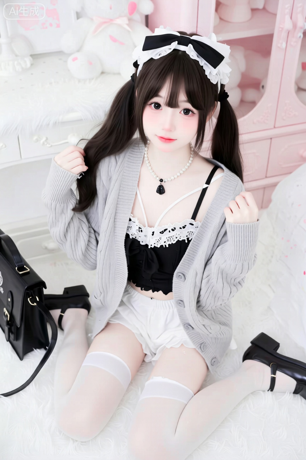 这张图片呈现了一个甜美可爱的少女风格造型！画面中的女孩头戴黑白蝴蝶结发饰,身穿浅灰色针织开衫搭配黑白蕾丝内衣,下身穿着白色短裤和白色丝袜,整体造型既时尚又充满少女感。她坐在白色毛绒毯子上,身旁放着黑色包包,背景中的粉色家具和白色毛绒玩具更增添了温馨可爱的氛围。珍珠项链和黑色吊坠的搭配为整体造型增添了一丝精致感,整个画面色调柔和,展现出青春活力的少女风格。

