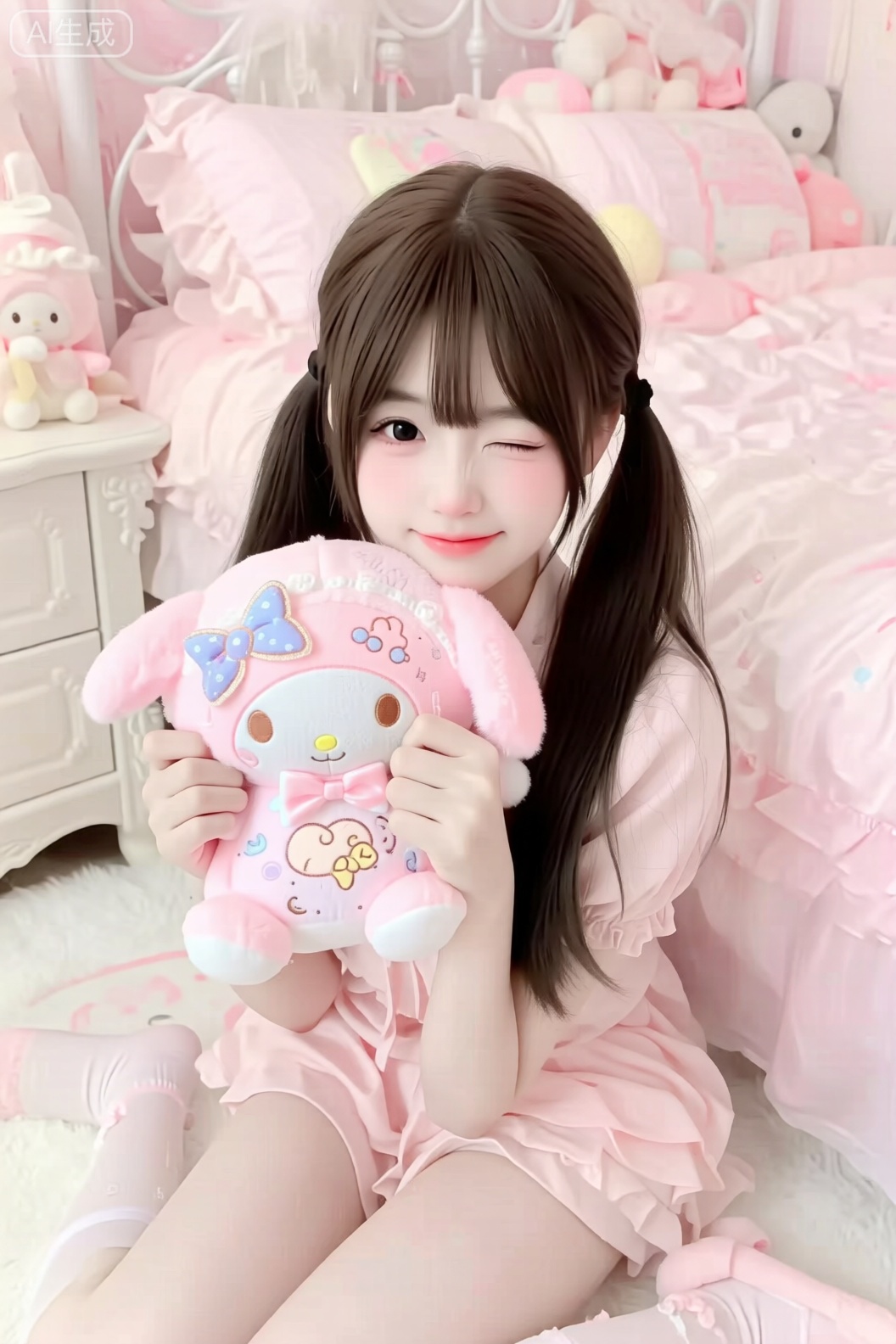 这张图片呈现了一个充满少女心的温馨场景！画面中的女孩留着双马尾长发,穿着粉色服饰,正俏皮地wink微笑,怀里亲密地抱着一个粉色卡通玩偶。玩偶上装饰着可爱的图案和蝴蝶结,显得特别温馨可人。

背景是一间布置精致的卧室,粉色床品和床头摆放的毛绒玩具营造出甜美梦幻的氛围。整体色调以柔和的粉色为主,搭配温暖的灯光效果,传递出青春活力的少女感和舒适柔和的生活气息。整个画面充满了快乐与治愈的能量,展现了女孩对可爱事物的喜爱之情。
