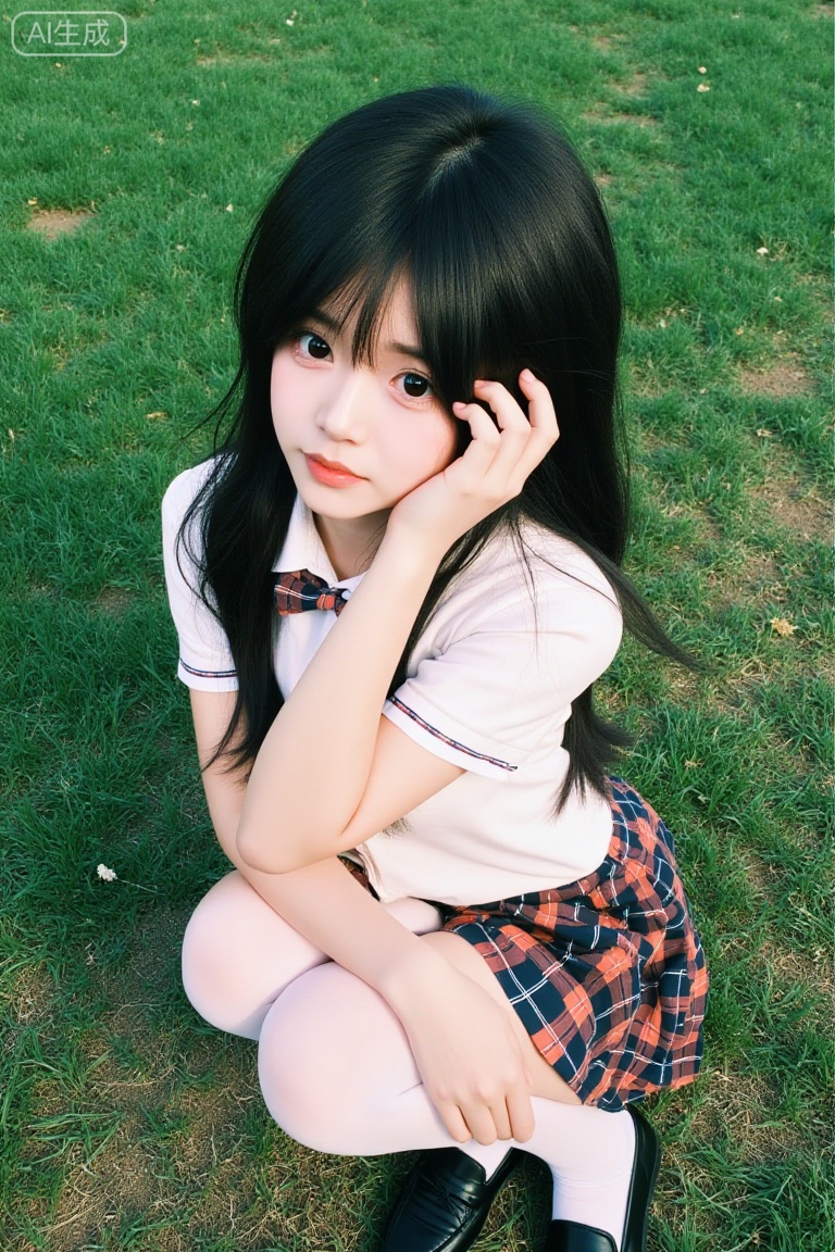 Fujifilm-style portrait:youran,a young woman with long black hair, lying on the lawn. Full-body view from above showing medium breasts fill the crisp white fabric,school uniform: collared white shirt with short sleeves, a plaid skirt,bowtie. Wears white pantyhose and black loafers. One hand resting on face. Outdoor photo background with clear shoe details. Hyper-realistic texture and lighting.50 mm f1.4, Kodak Portra 400, soft box key light,Fujicolor, cinematic teal-orange, low contrast