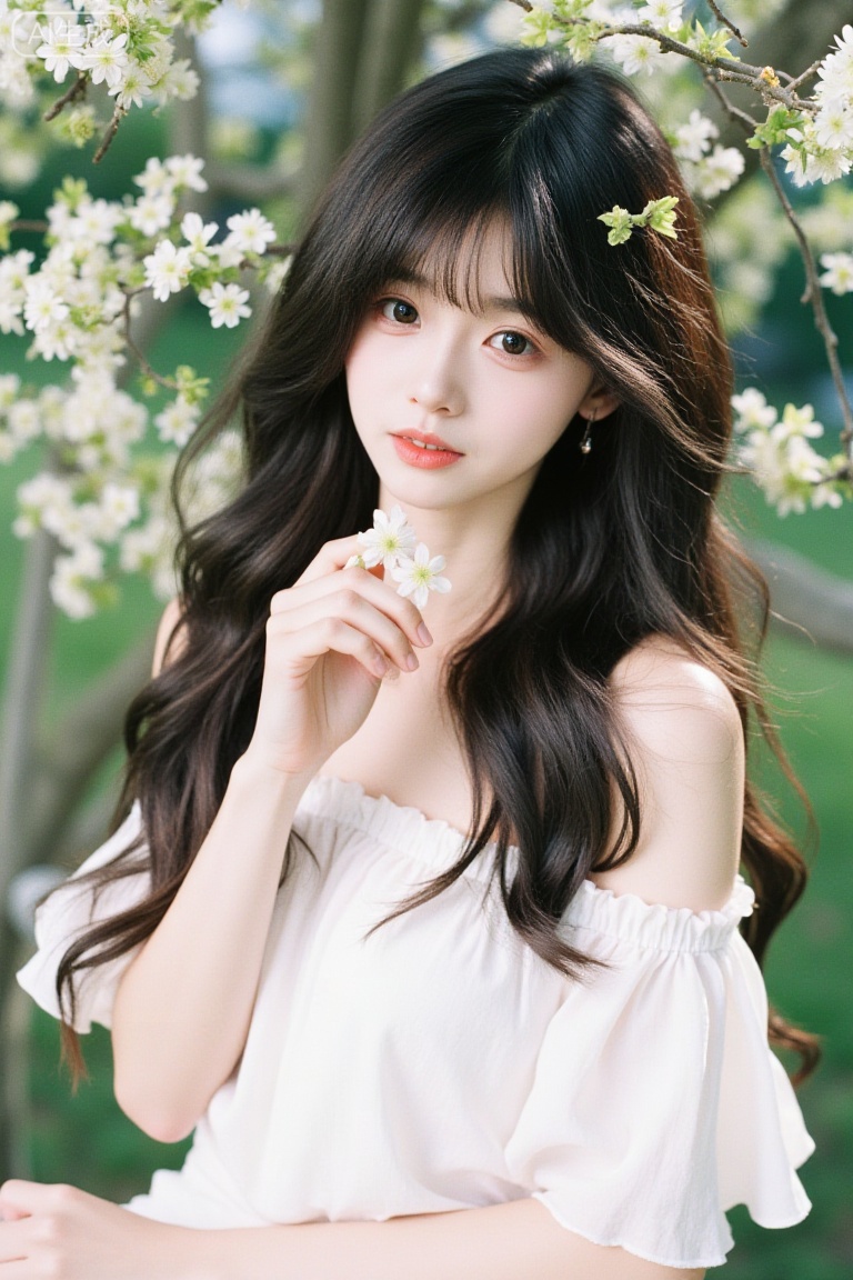 Fujifilm-style portrait:youran,a young woman with long, wavy, dark hair, wearing a white off-shoulder top with ruffled details. She is standing outdoors, with a tree in the background that has small white flowers. The woman is holding a small white flower close to her face, and her expression is gentle and serene. The lighting is soft and natural, suggesting it might be taken during the daytime. The overall atmosphere is peaceful and natural.