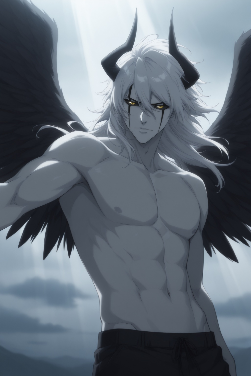),  bleach solo long hair 1boy Ulquiorra Cifer yellow eyes white hair male focus wings horns cloud fingernails glowing col...