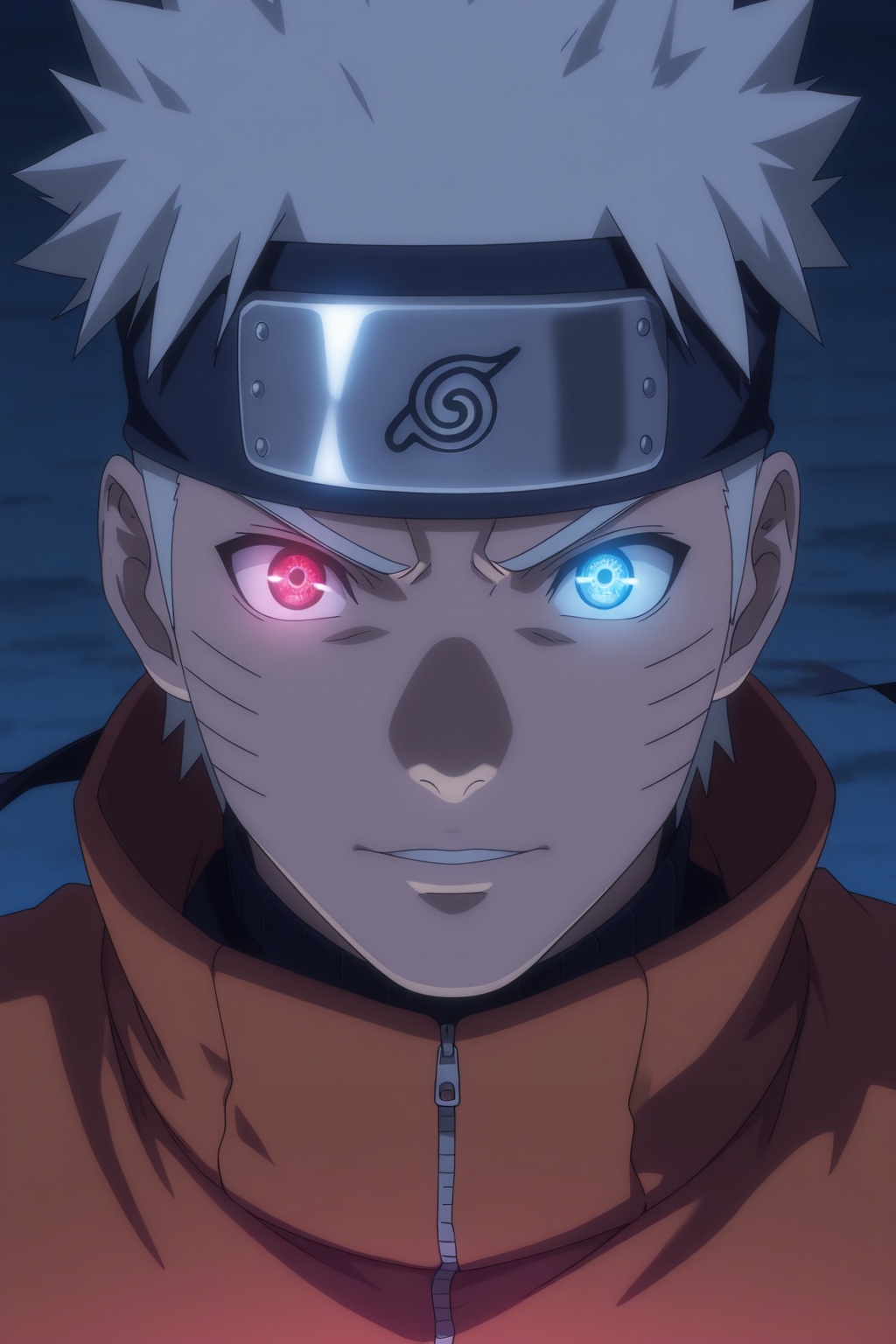 ),  1boy male focus headband glowing heterochromia facial mark spiked hair zipper high collar ninja whisker markings foreh...