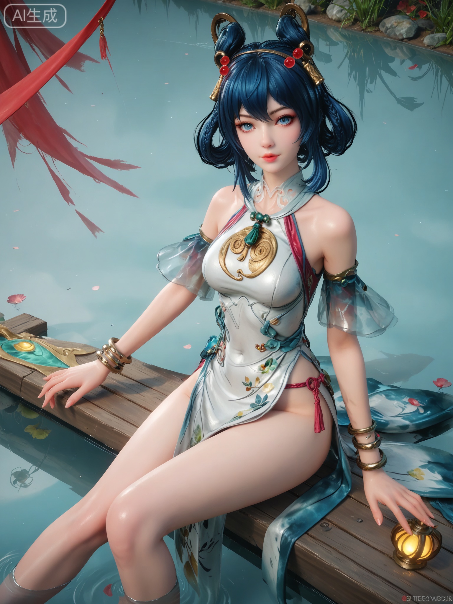 score_9,score_8_up,score_7_up,1girl,looking_at_viewer,realistic,photorealistic,1girl,Vivid Colors,bright environment,shiny skin,shiny hairjewelry,detail eyes,Eyes highlights,extreme detail description,(full body:0.8),light,glowing,sunshine,bright,reflection,bright,sunshine on face,shiny,shinny,petite,thin,leg slimming,lose weight,slim hips,lakeside,delicate water,reflection,specular reflection,sitting_down,bracelet,chinese clothes,