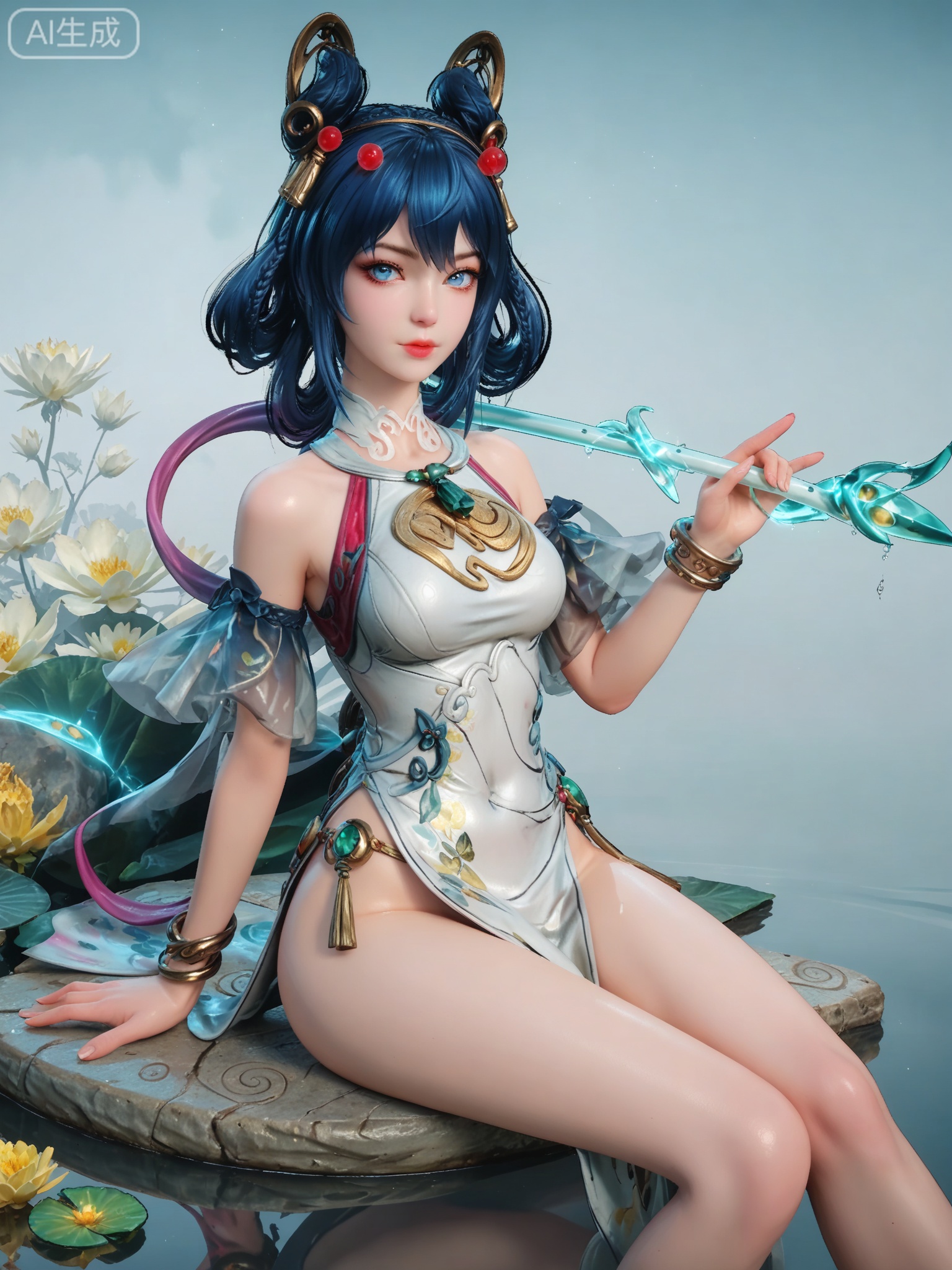 score_9,score_8_up,score_7_up,1girl,looking_at_viewer,realistic,photorealistic,1girl,Vivid Colors,bright environment,shiny skin,shiny hairjewelry,detail eyes,Eyes highlights,extreme detail description,(full body:0.8),light,glowing,sunshine,bright,reflection,bright,sunshine on face,shiny,shinny,petite,thin,leg slimming,lose weight,slim hips,lakeside,delicate water,reflection,specular reflection,sitting_down,bracelet,chinese clothes,