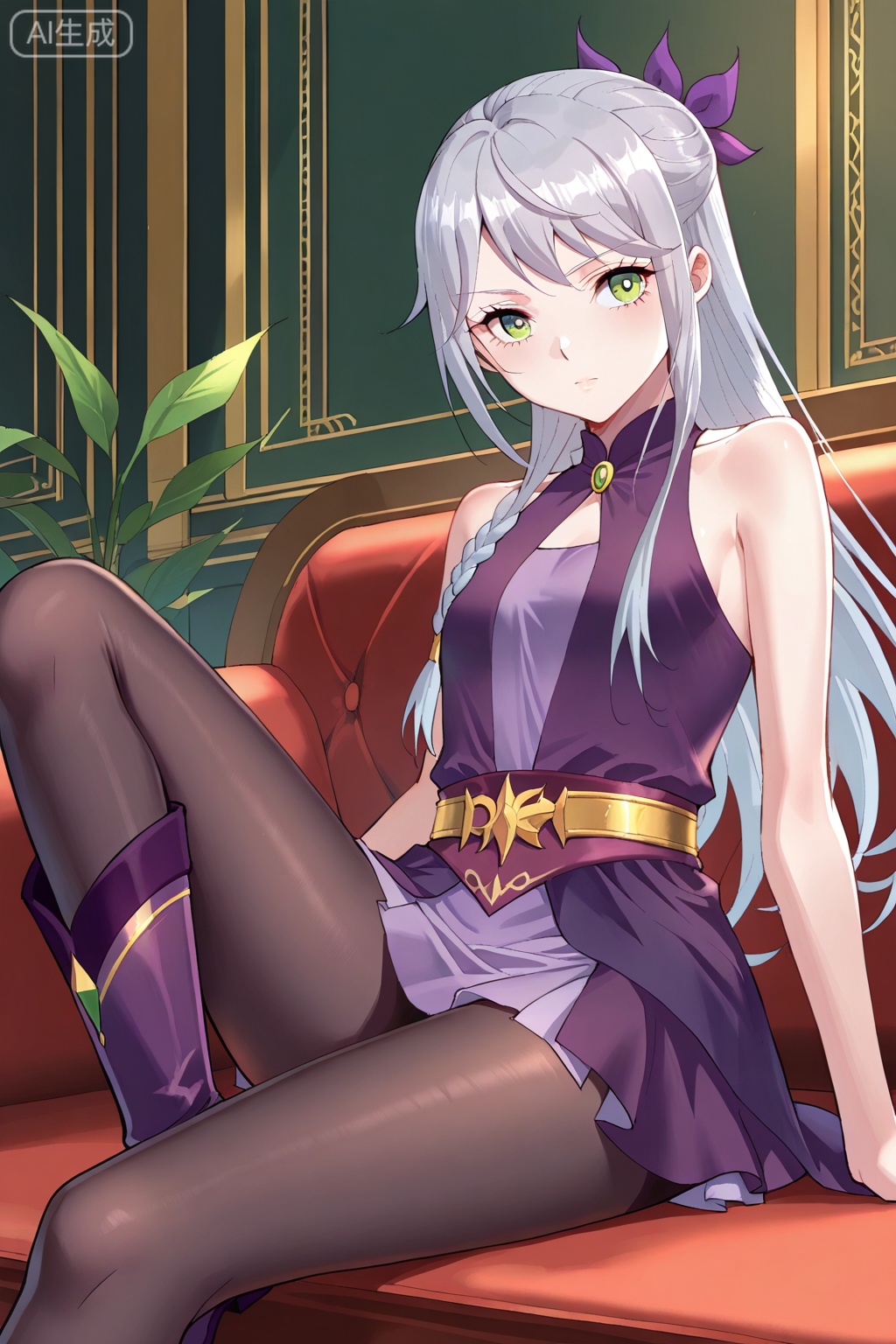 叶琉璃,1girl, solo, gray hair, loose hair, long hair, small braid, green eyes, small breasts,purple dress, short skirt, black tights, purple boots, sleeveless dress, bare shoulders, gold belt,