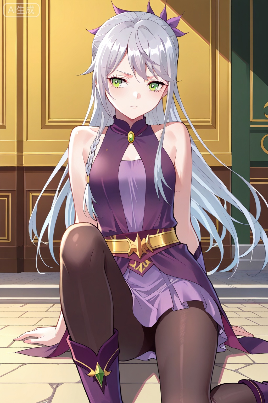叶琉璃,1girl, solo, gray hair, loose hair, long hair, small braid, green eyes, small breasts,purple dress, short skirt, black tights, purple boots, sleeveless dress, bare shoulders, gold belt,