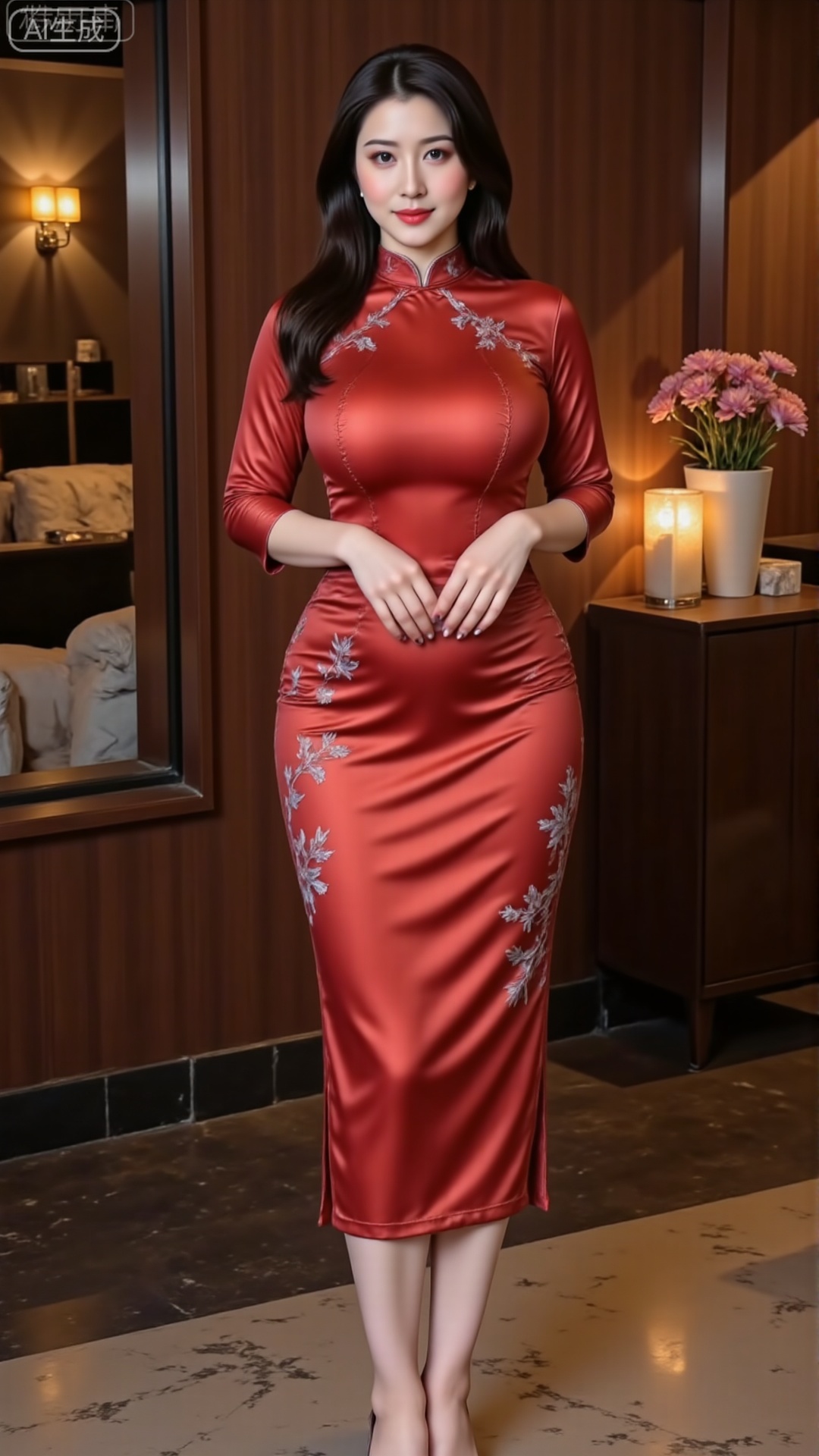 Walking on the city streets at night. This is a high-definition photo depicting an Asian woman with long flowing hair and elegant makeup. The clothes he wears are divided into two layers. The inner layer is a (white nightgown lining: 3), (not showing grooves: 2). The clothes are opaque, and the outer upper body wears a tight-fitting cheongsam (this cheongsam is a bright red silk satin high-collar cheongsam, 8cm high collar edge trimmed with double layers of white lace and embroidered with fine gold threads. There are hidden golden branches on the body. The three-quarter sleeve cuffs are stacked with white lace, and the placket is embellished with 5 A round pearl plate buckle, a slight dart at the waist to outline the curve, placed in a warm-light indoor scene, with red velvet flowers and golden candlesticks as the background, the satin surface is bright and shiny, and the lace belt has a soft and translucent feel), wearing high heels, and a classic silver bracelet on the wrist.