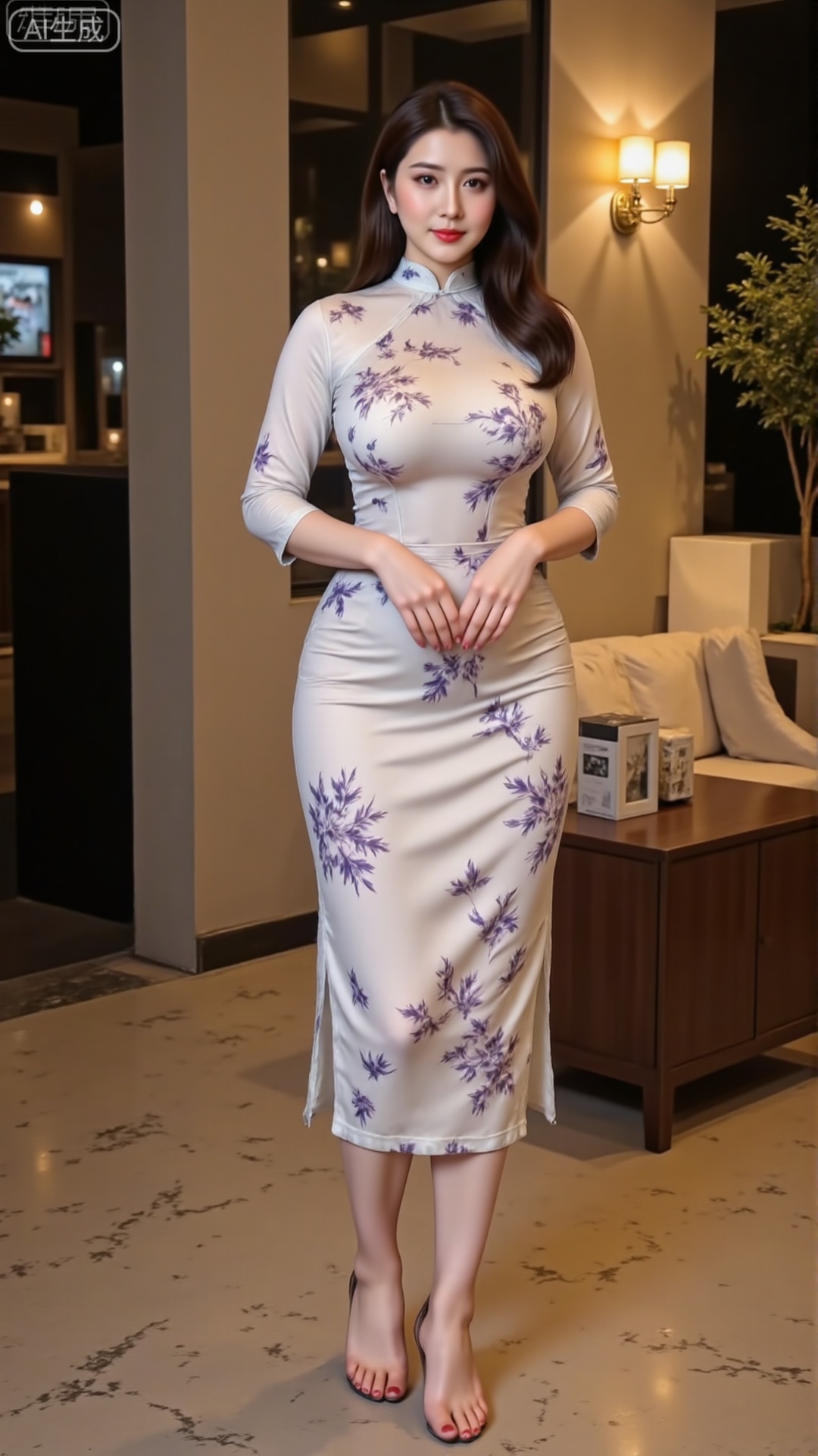 Walking on the city streets at night. This is a high-definition photo depicting an Asian woman with long flowing hair and elegant makeup. The clothes he wore were divided into two layers. The inner layer was a (white nightgown lining: 3), (not showing grooves: 2). The clothes were opaque. He wore a tight-fitting cheongsam on the upper body, a patterned hip-hugging skirt on the lower body, and high heels. This cheongsam is a multi-color high-collar lace cheongsam made of matte white chiffon. The body is printed with small flower vine patterns interwoven in pink, purple, light green and goose yellow. The 8cm high collar is trimmed with pink and purple lace and embellished with fine silver threads. The three-quarter sleeves are stacked with light green lace on the cuffs, and the skirt is embellished with 4 A pink-purple to goose-yellow glazed plate buckle with a slight dart at the waist and a knee-length skirt with side slits. It is placed in a warm spring window scene with a light wooden table and white lilies of the valley in the background. The fabric is soft and the lace is slightly translucent.