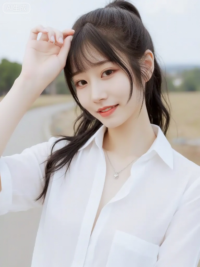 1girl, solo, long hair, looking at viewer, smile, brown hair, shirt, brown eyes, closed mouth, white shirt, upper body, short sleeves, outdoors, day, necklace, blurry, lips, blurry background, realistic




