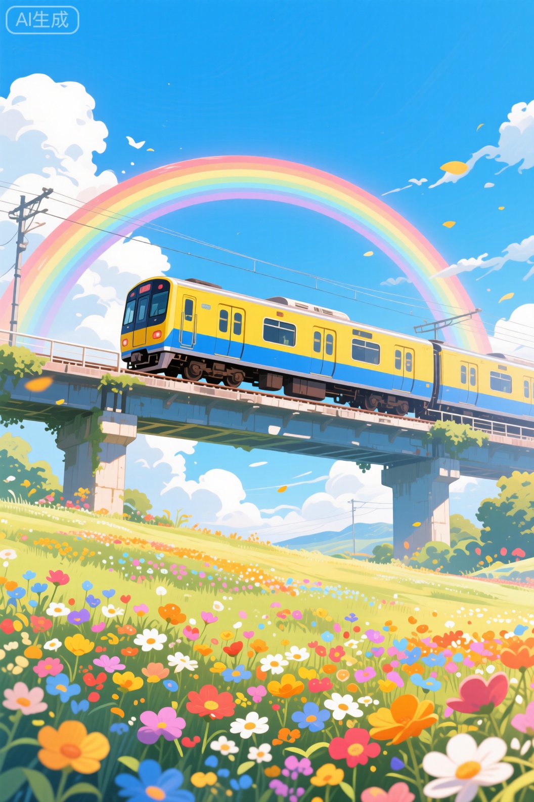 好的，这是一张充满诗意与希望的动漫风格插画分析：

画面以行驶中的黄蓝列车为视觉焦点，将其置于绚丽的彩虹桥之下，构建出“驶向美好”的动人意象。背景是纯净的蓝天白云，前景则铺满五彩斑斓的繁花，层次丰富，色彩明快。

整体色调清新温暖，黄、蓝主色与彩虹、花朵的缤纷色彩相互映衬，共同营造出一种宁静、梦幻又充满生机的氛围。作品超越了单纯的风景描绘，通过列车与彩虹的巧妙结合，传递出前进、希望与旅途愉快的乐观情绪，极具治愈感。