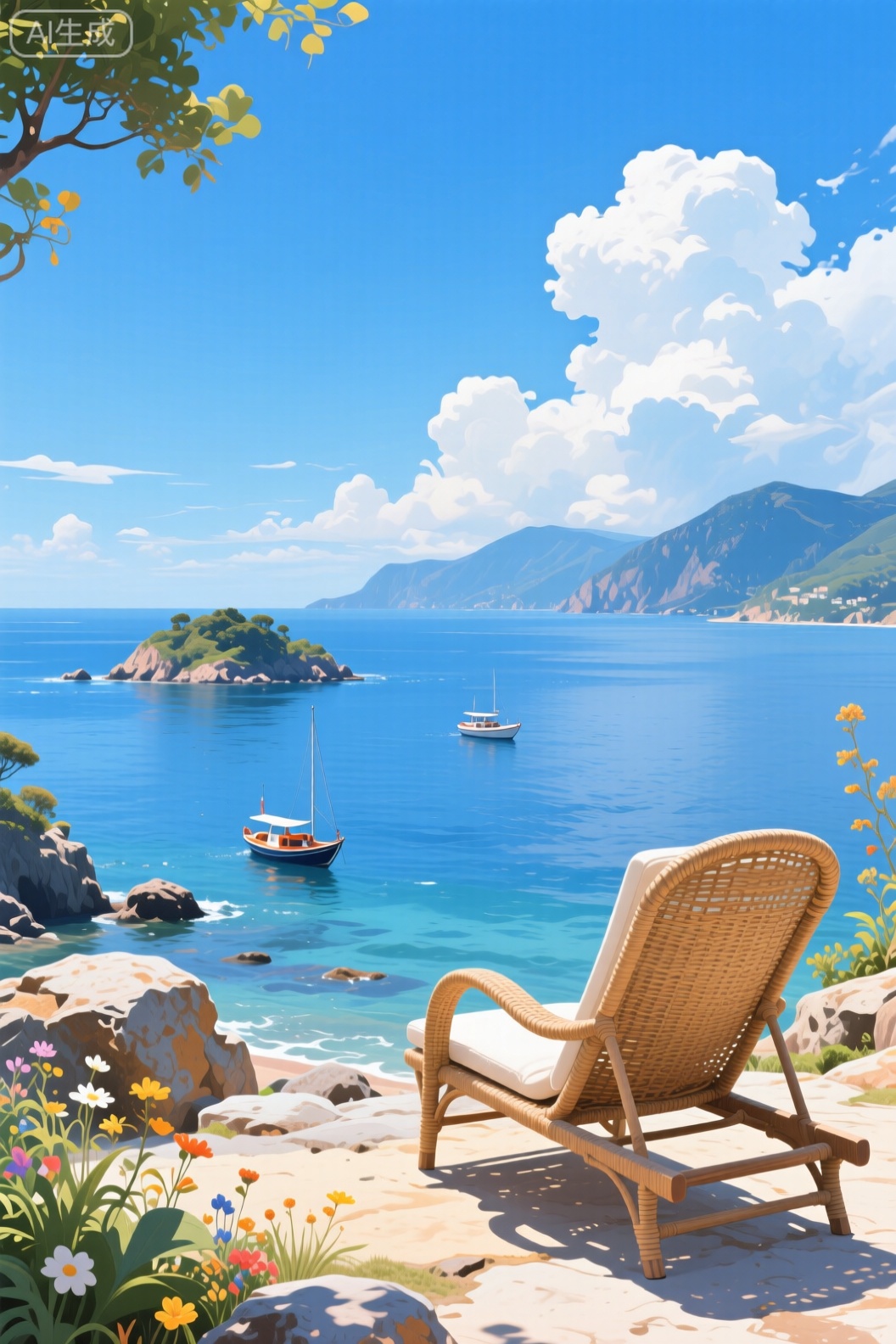 这幅插画通过构图、色彩、光影和细节的精心安排，成功地营造出一种令人向往的宁静、惬意且充满阳光的海滨假日氛围。以下是对画面的详细分析：

1. 主题与焦点：引导式的沉浸体验
画面的核心主题并非壮阔的海景，而是“观景的体验” 。藤编躺椅是视觉的起点和焦点，它被放置在右下角的黄金分割点附近，这种构图非常巧妙：

* 暗示人的存在：空置的躺椅邀请观画者代入自身，仿佛我们就是那个刚刚起身或即将坐下享受这片风景的人。
* 建立视觉路径：躺椅的朝向自然地将观众的视线引向中景的大海、小岛、船只，直至远景的山脉，完成了一个由近及远、层次分明的视觉旅程。

2. 构图与空间：层次分明的纵深感
画面通过清晰的前、中、远景构建了强烈的空间感：

* 前景（躺椅、岩石、花草）：细节丰富，质感强烈（藤编的纹理、花草的形态），起到了稳定画面和拉近观众距离的作用。
* 中景（海面、小岛、船只）：是画面的内容主体，平静的海面与动态的船只形成静动结合，增添了生机。
* 远景（山脉、天空）：山脉的虚化和天空的留白，有效地拓展了画面的深度，避免了拥挤感。
* 天空占比：天空占据画面大部分，强调了环境的开阔与明朗，强化了假日独有的自由和舒畅感。

3. 色彩与光影：明亮清新的假日氛围
色彩是营造氛围的关键，画面采用了非常经典且高效的配色方案：

* 主色调（蓝与白）：大面积清澈的蔚蓝天空与海面，搭配纯白蓬松的云朵和椅垫，奠定了画面清新、纯净、宁静的基调。这是地中海或热带海滨风格的典型用色。
* 点缀色（绿与米黄）：前景植物的绿意带来自然生机，岩石的米黄色则增添了地面的坚实感和温暖感。这些暖色调的细节有效地平衡了蓝白色的冷调，让画面更显和谐与温馨。
* 光影效果：从云朵和物体的受光面可以看出，光线明亮而柔和，暗示着一个阳光和煦的午后。这种光照条件进一步强化了惬意、舒适的感受。

4. 细节与质感：营造自然野趣
画家通过细节的刻画避免了画面的单调，增添了真实感与趣味性：

* 自然元素：前景点缀的野花野草打破了岩石的僵硬，带来了“野趣”，表明这不是一个经过精心修剪的人工场所，而是更自然、更随性的角落。
* 人文痕迹：躺椅是人类休闲活动的直接证明，而中景的船只则暗示了远方的活动与联系，为宁静的画面注入了微弱的生活气息。
* 飞鸟：天空中的几只飞鸟是点睛之笔，它们的小小动态打破了绝对的静谧，让画面“活”了起来，且增添了视觉的动感。

总结：

总而言之，这幅插画不仅仅是一张风景照片的复刻，更是一次精心的情绪设计。它通过巧妙的构图引导、清新明快的色彩搭配、层次丰富的空间营造以及充满生机的细节刻画，共同构建了一个理想化的海滨假日场景。它传递出的核心情感是逃离喧嚣后的宁静、对自然的拥抱以及无所事事的惬意，成功地让观者感受到一种治愈、放松的愉悦心情。