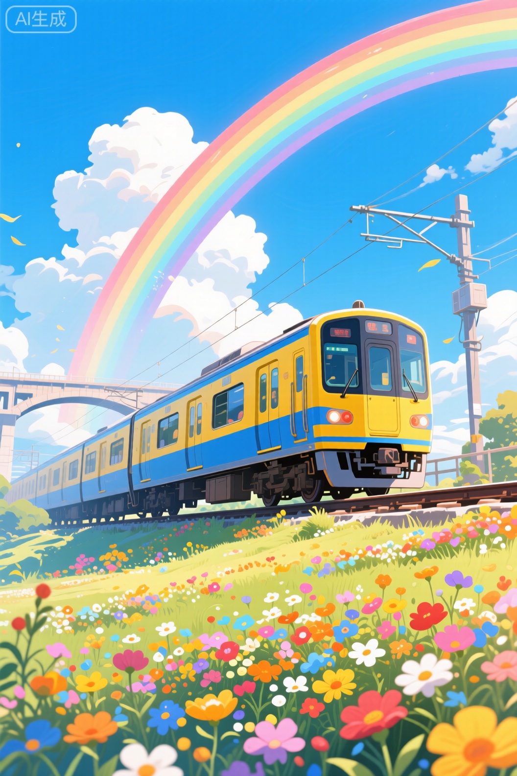 好的，这是一张充满诗意与希望的动漫风格插画分析：

画面以行驶中的黄蓝列车为视觉焦点，将其置于绚丽的彩虹桥之下，构建出“驶向美好”的动人意象。背景是纯净的蓝天白云，前景则铺满五彩斑斓的繁花，层次丰富，色彩明快。

整体色调清新温暖，黄、蓝主色与彩虹、花朵的缤纷色彩相互映衬，共同营造出一种宁静、梦幻又充满生机的氛围。作品超越了单纯的风景描绘，通过列车与彩虹的巧妙结合，传递出前进、希望与旅途愉快的乐观情绪，极具治愈感。