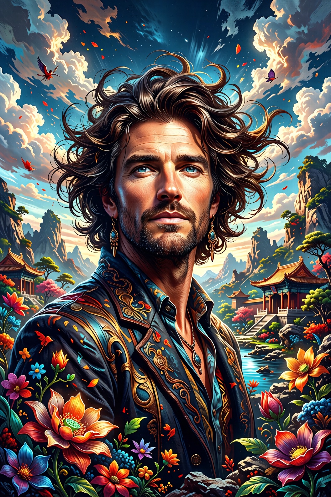 以高质量插画风绘制随机插画：唯美,具有艺术感,视觉冲击,极具张力,包含人物的部分,宏大开阔