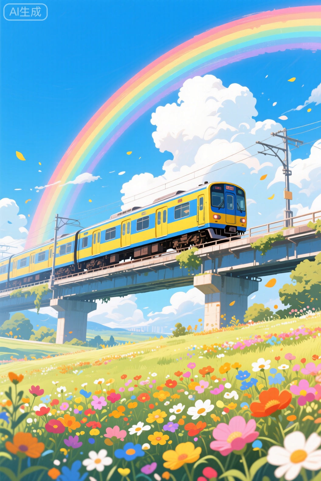 好的，这是一张充满诗意与希望的动漫风格插画分析：

画面以行驶中的黄蓝列车为视觉焦点，将其置于绚丽的彩虹桥之下，构建出“驶向美好”的动人意象。背景是纯净的蓝天白云，前景则铺满五彩斑斓的繁花，层次丰富，色彩明快。

整体色调清新温暖，黄、蓝主色与彩虹、花朵的缤纷色彩相互映衬，共同营造出一种宁静、梦幻又充满生机的氛围。作品超越了单纯的风景描绘，通过列车与彩虹的巧妙结合，传递出前进、希望与旅途愉快的乐观情绪，极具治愈感。