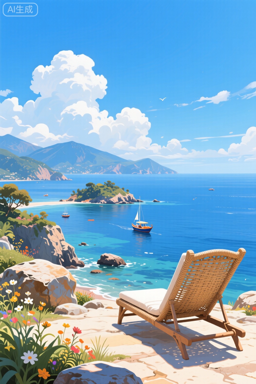 这幅插画通过构图、色彩、光影和细节的精心安排，成功地营造出一种令人向往的宁静、惬意且充满阳光的海滨假日氛围。以下是对画面的详细分析：

1. 主题与焦点：引导式的沉浸体验
画面的核心主题并非壮阔的海景，而是“观景的体验” 。藤编躺椅是视觉的起点和焦点，它被放置在右下角的黄金分割点附近，这种构图非常巧妙：

* 暗示人的存在：空置的躺椅邀请观画者代入自身，仿佛我们就是那个刚刚起身或即将坐下享受这片风景的人。
* 建立视觉路径：躺椅的朝向自然地将观众的视线引向中景的大海、小岛、船只，直至远景的山脉，完成了一个由近及远、层次分明的视觉旅程。

2. 构图与空间：层次分明的纵深感
画面通过清晰的前、中、远景构建了强烈的空间感：

* 前景（躺椅、岩石、花草）：细节丰富，质感强烈（藤编的纹理、花草的形态），起到了稳定画面和拉近观众距离的作用。
* 中景（海面、小岛、船只）：是画面的内容主体，平静的海面与动态的船只形成静动结合，增添了生机。
* 远景（山脉、天空）：山脉的虚化和天空的留白，有效地拓展了画面的深度，避免了拥挤感。
* 天空占比：天空占据画面大部分，强调了环境的开阔与明朗，强化了假日独有的自由和舒畅感。

3. 色彩与光影：明亮清新的假日氛围
色彩是营造氛围的关键，画面采用了非常经典且高效的配色方案：

* 主色调（蓝与白）：大面积清澈的蔚蓝天空与海面，搭配纯白蓬松的云朵和椅垫，奠定了画面清新、纯净、宁静的基调。这是地中海或热带海滨风格的典型用色。
* 点缀色（绿与米黄）：前景植物的绿意带来自然生机，岩石的米黄色则增添了地面的坚实感和温暖感。这些暖色调的细节有效地平衡了蓝白色的冷调，让画面更显和谐与温馨。
* 光影效果：从云朵和物体的受光面可以看出，光线明亮而柔和，暗示着一个阳光和煦的午后。这种光照条件进一步强化了惬意、舒适的感受。

4. 细节与质感：营造自然野趣
画家通过细节的刻画避免了画面的单调，增添了真实感与趣味性：

* 自然元素：前景点缀的野花野草打破了岩石的僵硬，带来了“野趣”，表明这不是一个经过精心修剪的人工场所，而是更自然、更随性的角落。
* 人文痕迹：躺椅是人类休闲活动的直接证明，而中景的船只则暗示了远方的活动与联系，为宁静的画面注入了微弱的生活气息。
* 飞鸟：天空中的几只飞鸟是点睛之笔，它们的小小动态打破了绝对的静谧，让画面“活”了起来，且增添了视觉的动感。

总结：

总而言之，这幅插画不仅仅是一张风景照片的复刻，更是一次精心的情绪设计。它通过巧妙的构图引导、清新明快的色彩搭配、层次丰富的空间营造以及充满生机的细节刻画，共同构建了一个理想化的海滨假日场景。它传递出的核心情感是逃离喧嚣后的宁静、对自然的拥抱以及无所事事的惬意，成功地让观者感受到一种治愈、放松的愉悦心情。