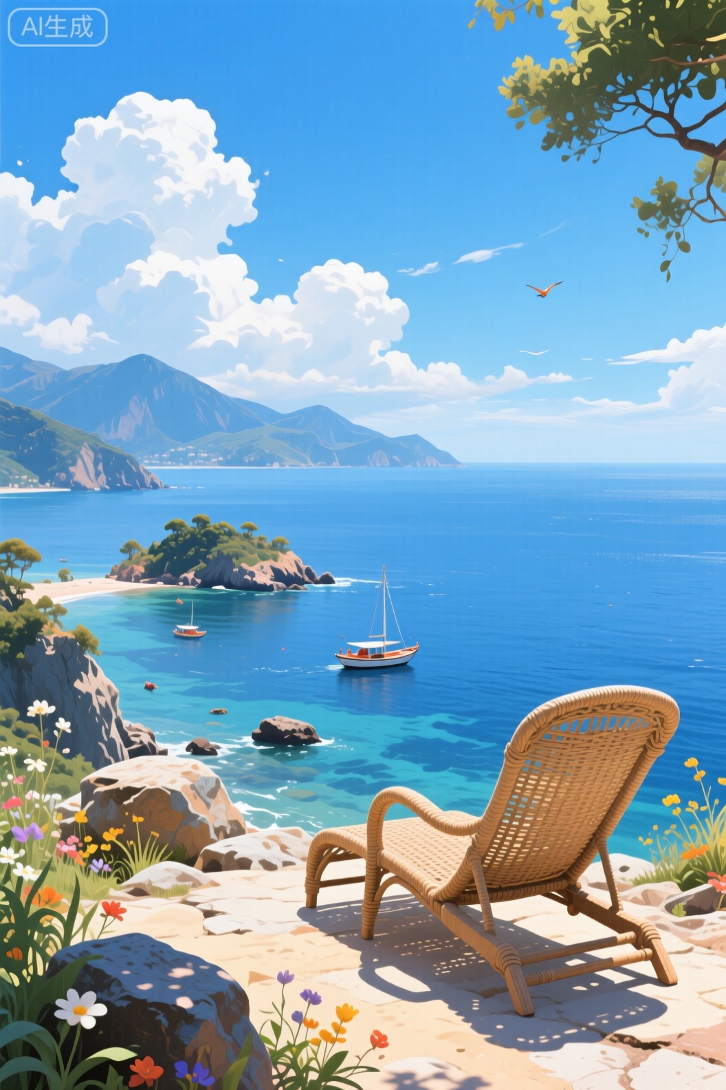 这幅插画通过构图、色彩、光影和细节的精心安排，成功地营造出一种令人向往的宁静、惬意且充满阳光的海滨假日氛围。以下是对画面的详细分析：

1. 主题与焦点：引导式的沉浸体验
画面的核心主题并非壮阔的海景，而是“观景的体验” 。藤编躺椅是视觉的起点和焦点，它被放置在右下角的黄金分割点附近，这种构图非常巧妙：

* 暗示人的存在：空置的躺椅邀请观画者代入自身，仿佛我们就是那个刚刚起身或即将坐下享受这片风景的人。
* 建立视觉路径：躺椅的朝向自然地将观众的视线引向中景的大海、小岛、船只，直至远景的山脉，完成了一个由近及远、层次分明的视觉旅程。

2. 构图与空间：层次分明的纵深感
画面通过清晰的前、中、远景构建了强烈的空间感：

* 前景（躺椅、岩石、花草）：细节丰富，质感强烈（藤编的纹理、花草的形态），起到了稳定画面和拉近观众距离的作用。
* 中景（海面、小岛、船只）：是画面的内容主体，平静的海面与动态的船只形成静动结合，增添了生机。
* 远景（山脉、天空）：山脉的虚化和天空的留白，有效地拓展了画面的深度，避免了拥挤感。
* 天空占比：天空占据画面大部分，强调了环境的开阔与明朗，强化了假日独有的自由和舒畅感。

3. 色彩与光影：明亮清新的假日氛围
色彩是营造氛围的关键，画面采用了非常经典且高效的配色方案：

* 主色调（蓝与白）：大面积清澈的蔚蓝天空与海面，搭配纯白蓬松的云朵和椅垫，奠定了画面清新、纯净、宁静的基调。这是地中海或热带海滨风格的典型用色。
* 点缀色（绿与米黄）：前景植物的绿意带来自然生机，岩石的米黄色则增添了地面的坚实感和温暖感。这些暖色调的细节有效地平衡了蓝白色的冷调，让画面更显和谐与温馨。
* 光影效果：从云朵和物体的受光面可以看出，光线明亮而柔和，暗示着一个阳光和煦的午后。这种光照条件进一步强化了惬意、舒适的感受。

4. 细节与质感：营造自然野趣
画家通过细节的刻画避免了画面的单调，增添了真实感与趣味性：

* 自然元素：前景点缀的野花野草打破了岩石的僵硬，带来了“野趣”，表明这不是一个经过精心修剪的人工场所，而是更自然、更随性的角落。
* 人文痕迹：躺椅是人类休闲活动的直接证明，而中景的船只则暗示了远方的活动与联系，为宁静的画面注入了微弱的生活气息。
* 飞鸟：天空中的几只飞鸟是点睛之笔，它们的小小动态打破了绝对的静谧，让画面“活”了起来，且增添了视觉的动感。

总结：

总而言之，这幅插画不仅仅是一张风景照片的复刻，更是一次精心的情绪设计。它通过巧妙的构图引导、清新明快的色彩搭配、层次丰富的空间营造以及充满生机的细节刻画，共同构建了一个理想化的海滨假日场景。它传递出的核心情感是逃离喧嚣后的宁静、对自然的拥抱以及无所事事的惬意，成功地让观者感受到一种治愈、放松的愉悦心情。