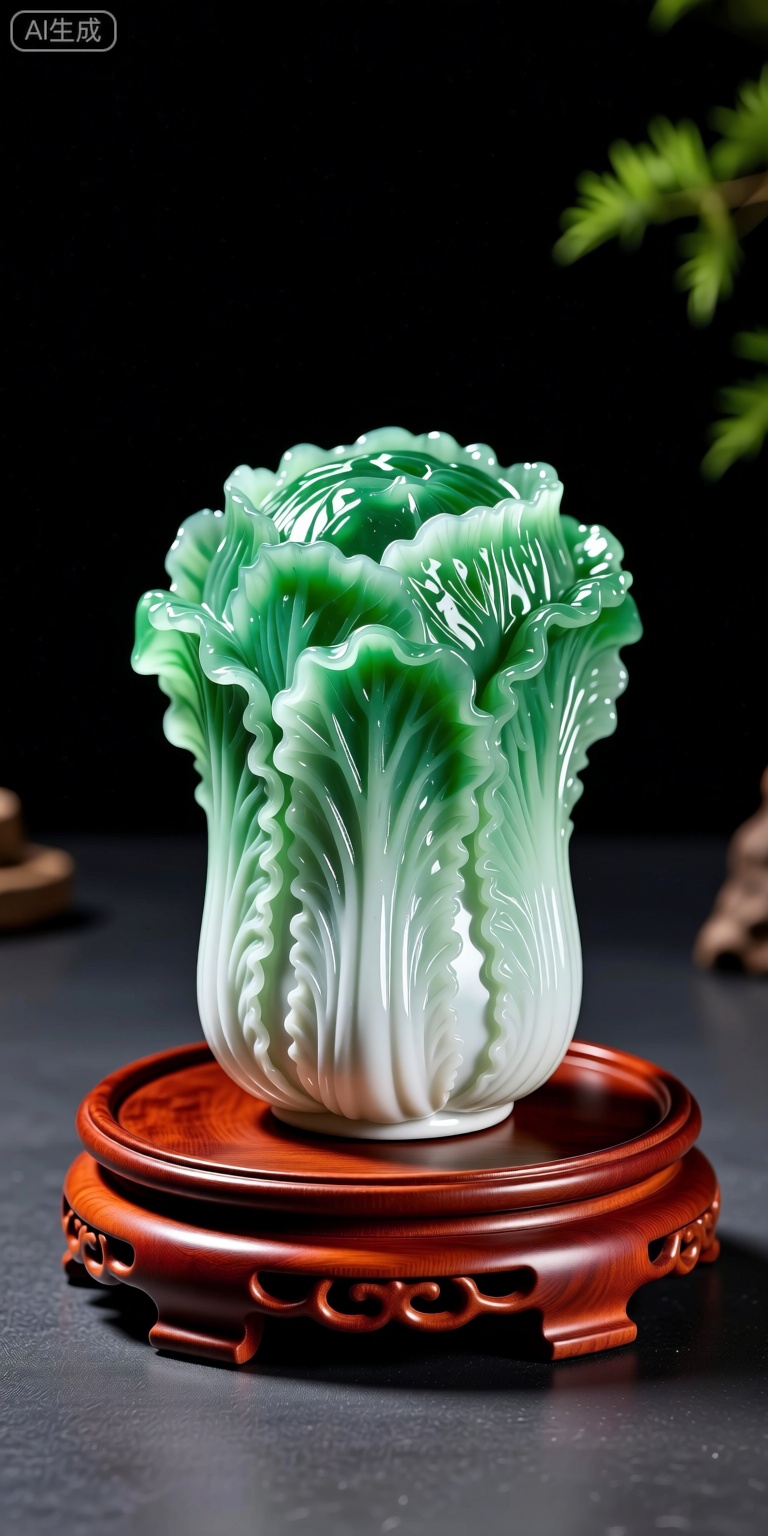 桌面摆件工艺品,翡翠白菜,下面是红木托盘,高清,特写