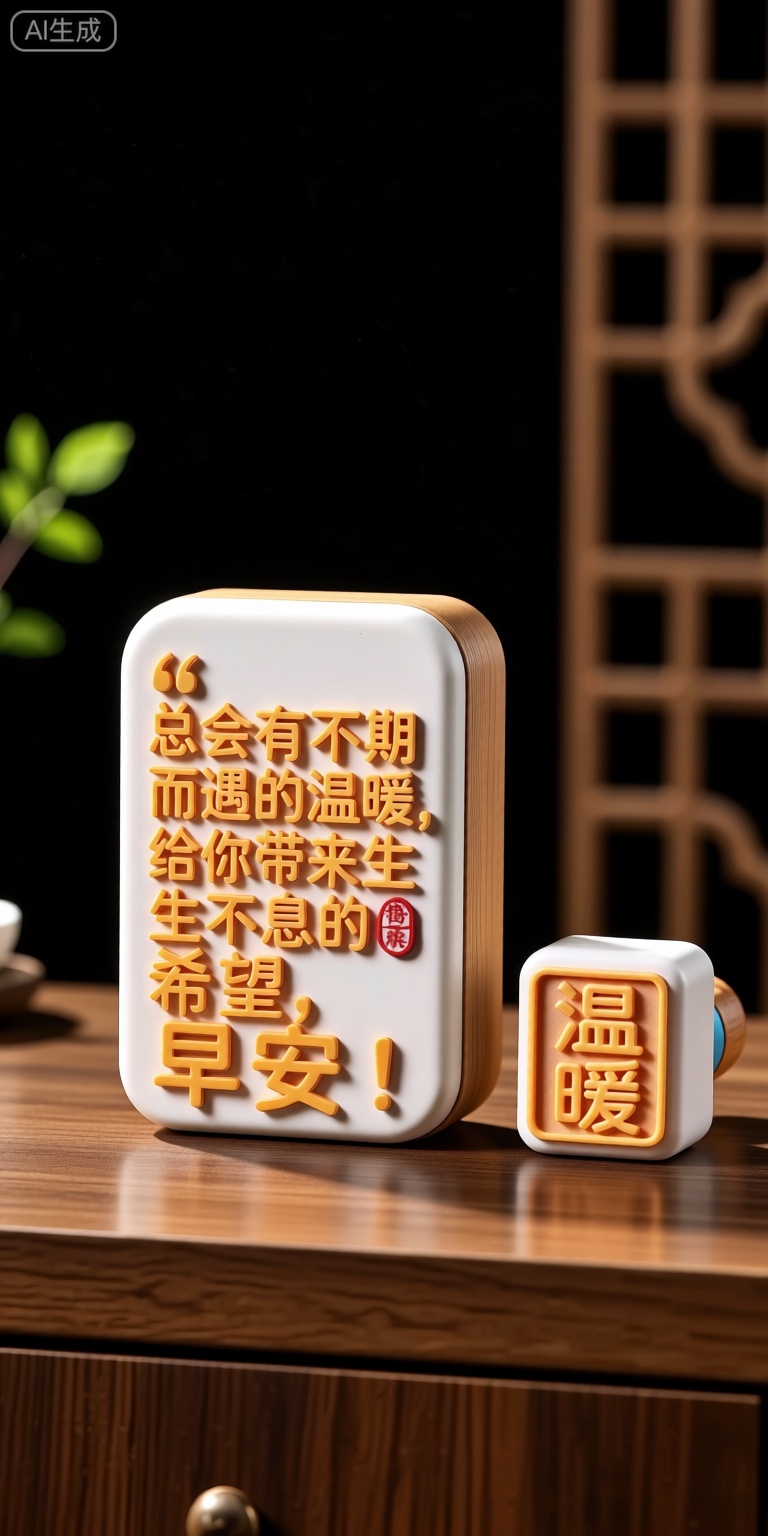 一个极具创意的文创摆件正面摆放特写,摆件上立体呈现着一句充满力量的话语：“总会有不期而遇的温暖,给你带来生生不息的希望,早安！”旁边还有一个立体印章,上面刻着“温暖”二字