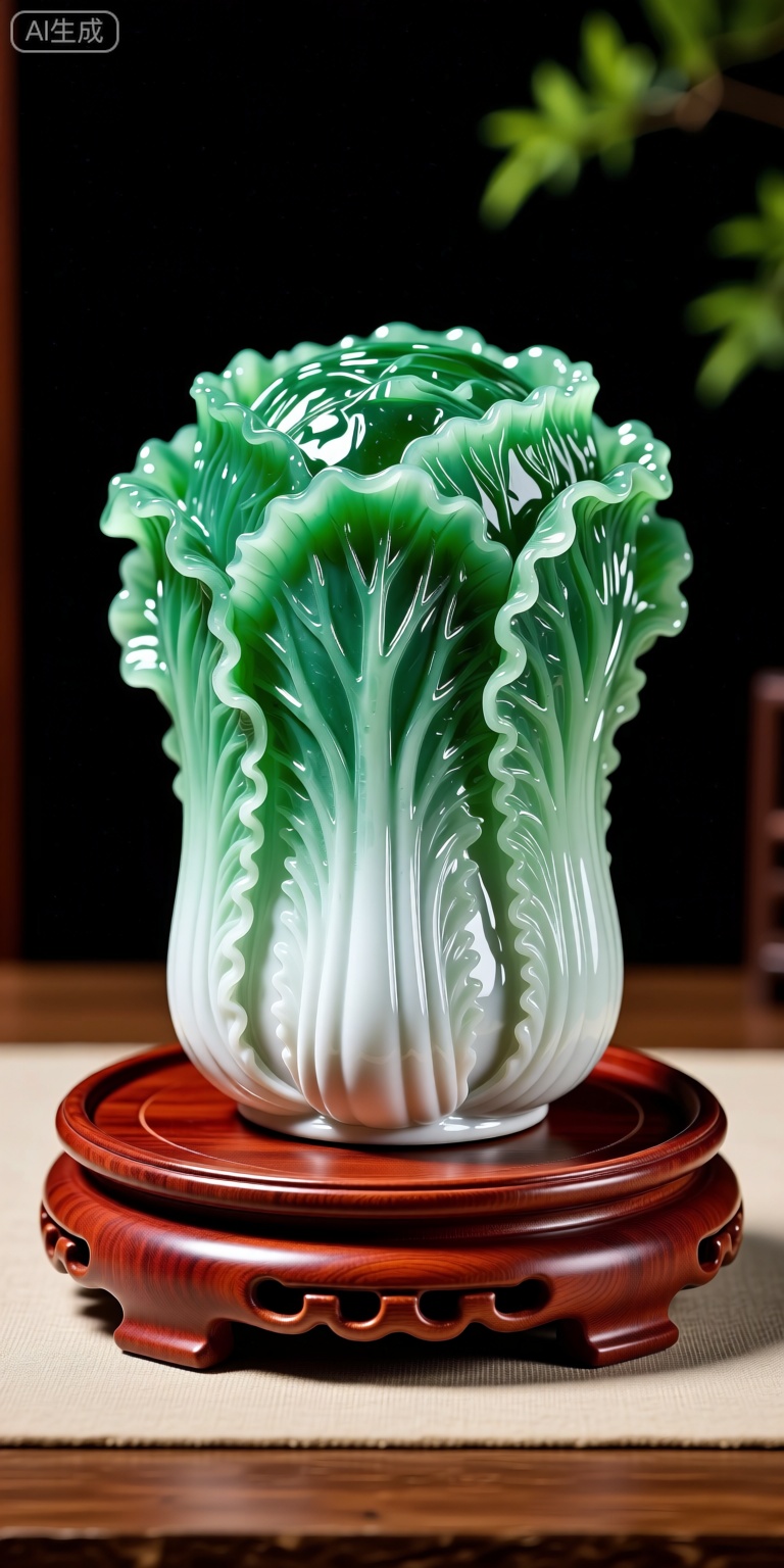 桌面摆件工艺品,翡翠白菜,下面是红木托盘,高清,特写