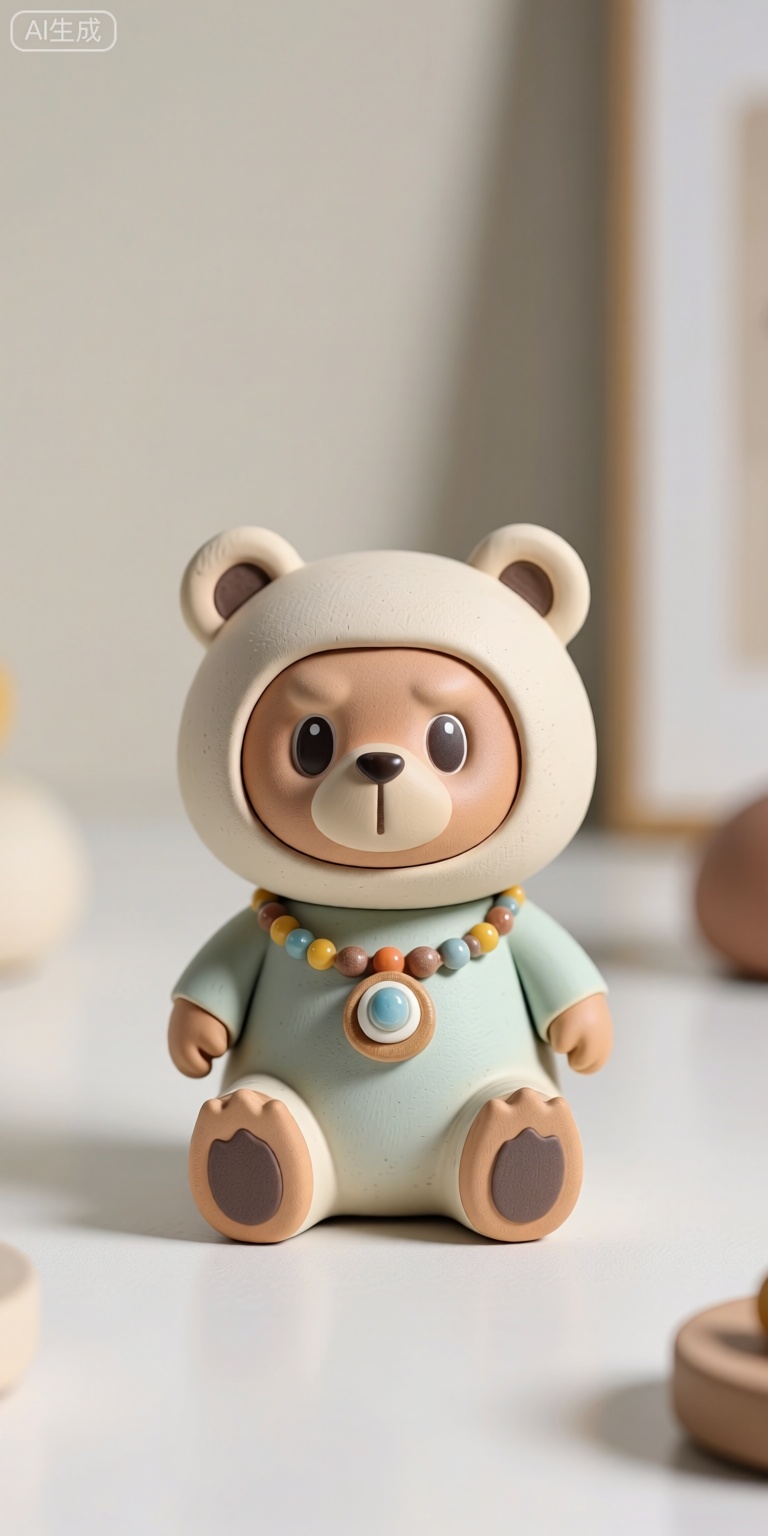 现代简约风格的陶制小熊摆件,色彩朴素淡雅,整体造型简约却个性十足,身上带有独特的装饰物