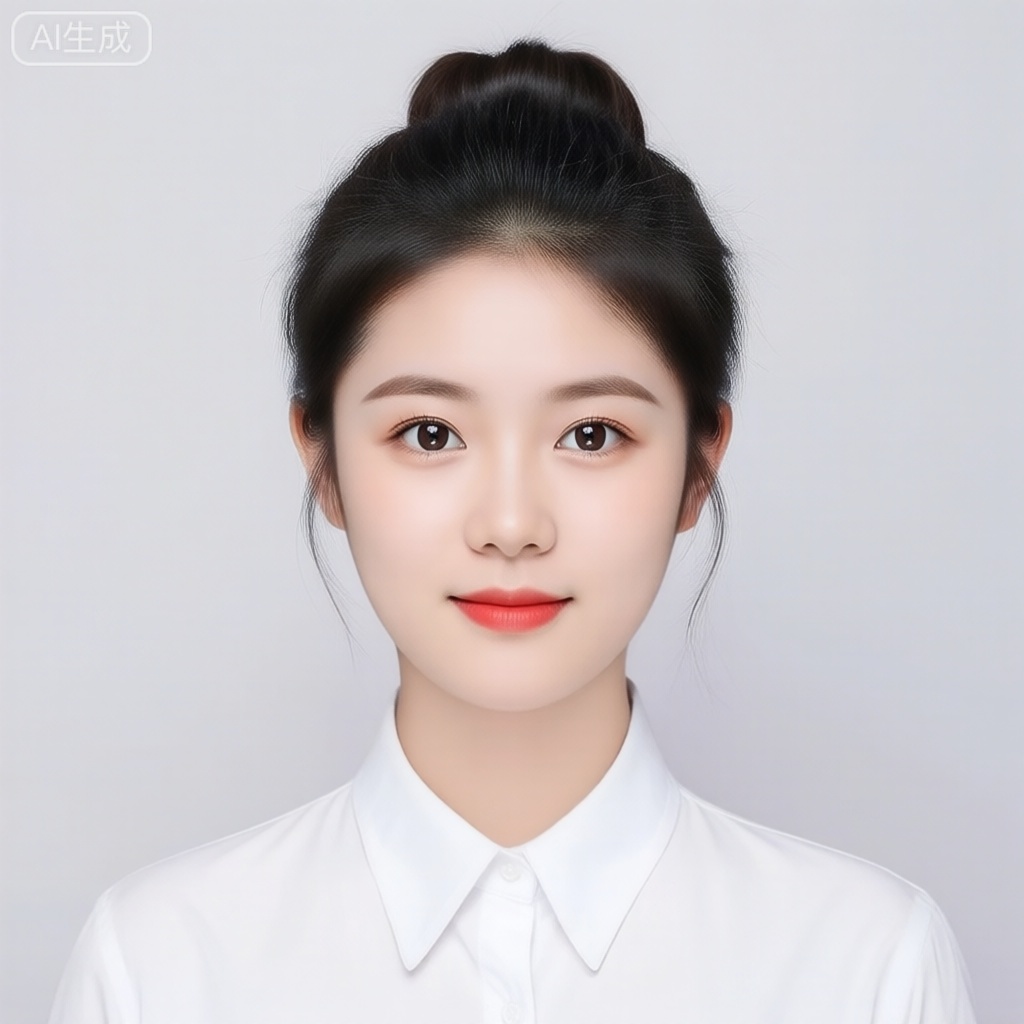 XHS,这是一个美丽中国女人的证件照,她穿着白衬衫,盘发,20岁,