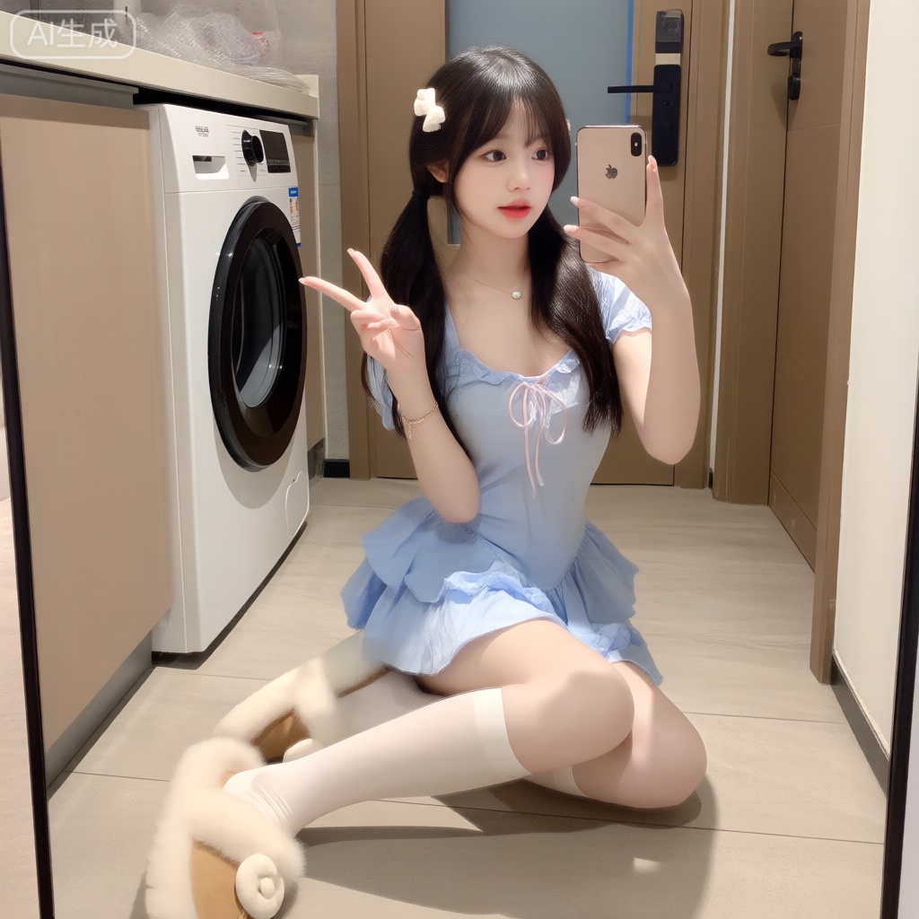 XHS,这是一张充满生活气息的居家自拍照,展现了自然可爱的风格。 照片内容分析： 拍摄特色： • 场景选择：巧妙利用家中洗衣房与厨房的过渡区域,生活化的背景让照片更真实亲切• 姿势设计：跪坐姿势配合剪刀手,既显俏皮又自然,双马尾造型强化了少女感• 穿搭搭配：浅蓝色荷叶边短裙与白色长筒袜的搭配,清新甜美,毛绒鞋子增添柔软感构图技巧： • 通过镜子反射完成自拍,扩展了画面空间感• 洗衣机作为前景元素,增加了画面层次• 自然光线柔和,营造出温馨的居家氛围整体评价： 这张照片成功捕捉了日常生活中的甜美瞬间,自然不做作的姿态与居家环境的结合,展现了一种轻松愉快的自拍风格。穿搭与场景的和谐统一,体现了拍摄者对生活美学的细腻把握。