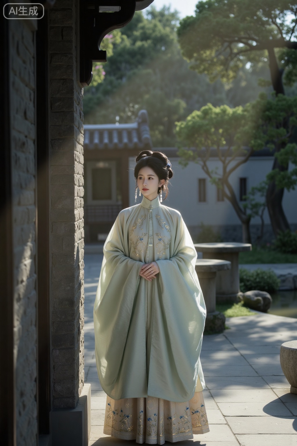 Ming Dynasty, A beautiful woman, with her hair styled in the style of a Ming Dynasty woman, wore a long gown with a stand-up collar and a slanted opening, and a horse-faced skirt, adorned with exquisite embroidery of "Birds Paying Homage to the Phoenix". She held a jade tassel pendant and stood before the moon wall in a Jiangnan courtyard. The moonlight shone upon her, leaving a shadow on the moon wall. In the background, there are thousand-year-old cypresses, stone tables, a small Zen-like pool, and moss-mottled stone steps. The bright and cold moonlight filters through the cypress leaves, casting dappled shadows on the ground. The overall scene is serene and distant, full of the elegance of traditional Chinese style. The woman's face is calm and peaceful, with a delicate and soft texture, showing no signs of damage. There should be no moon in the picture; only moonlight should shine down