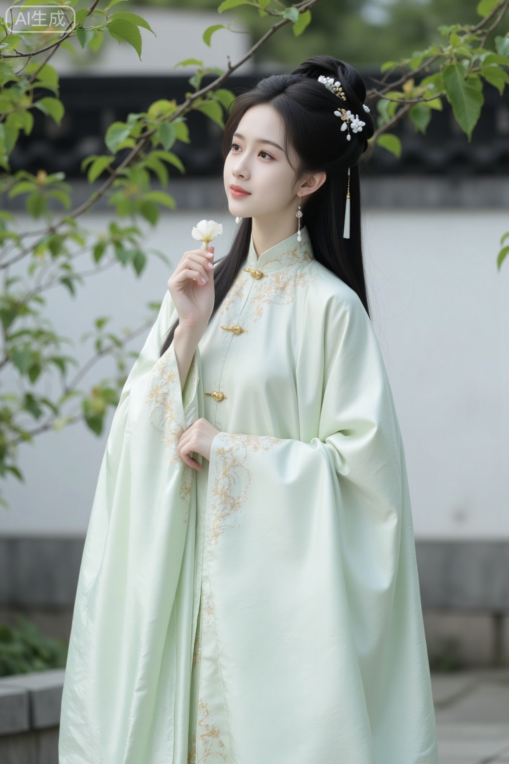 The image is a high-resolution photograph of an East Asian woman in traditional Hanfu attire. She stands against a serene, outdoor background, with a simple white wall and a dark roof, possibly part of a traditional Chinese courtyard. The woman has fair skin and a youthful appearance. Her long, black hair is styled in intricate braids adorned with white and gold hair accessories, including flowers and dangling ornaments.She wears a light mint-green Hanfu robe with wide sleeves, made from a smooth, slightly shiny fabric that appears to be silk. The robe is intricately embroidered with delicate floral patterns in white and gold thread, particularly around the high collar and cuffs. The collar is adorned with more intricate embroidery and gold buttons.In her right hand, she delicately holds a small white flower, which she is about to bring to her lips. Her expression is soft and serene, with a slight smile. The background features green, leafy branches that add a touch of natural beauty t