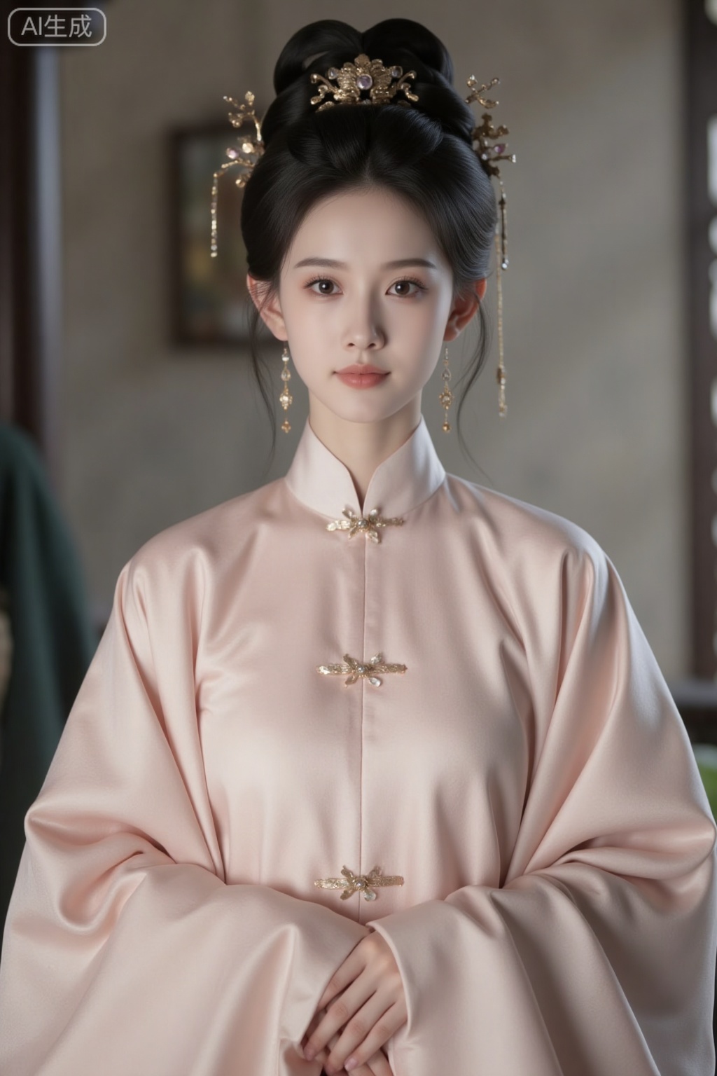 A Ming Dynasty noble female costume with a soft luster flowing throughout, real person, beautiful woman, delicate facial features, and exquisite makeup. Facial high-definition, slender hands, exquisite details, ultra high definition, master works, moderate saturation, fully immersive atmosphere, full body close-up, full body photo