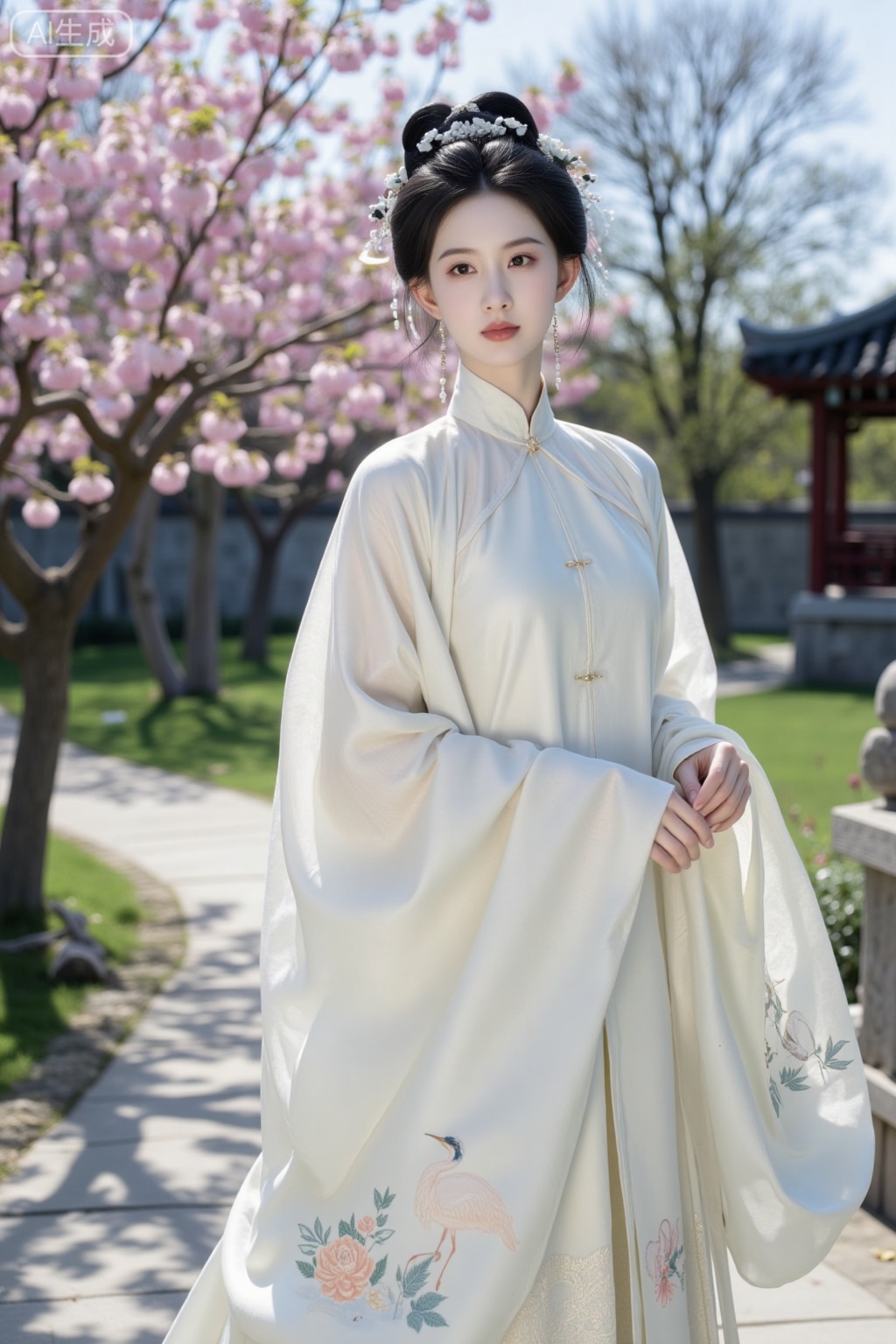 Ming Dynasty,A graceful Ming Dynasty beauty with delicate features, smooth pale skin, and elegant black hair adorned with intricate jade combs and silver hairpins. She wears a flowing qipao in soft pastel hues, with detailed embroidery of peonies and cranes along the edges. Her eyes are gentle and expressive, and her posture is poised and refined. The background features a traditional Chinese garden with stone pathways, blooming plum trees, and a small pavilion under a clear blue sky. Soft natural light filters through the trees, casting gentle shadows and enhancing the serene and timeless atmosphere.