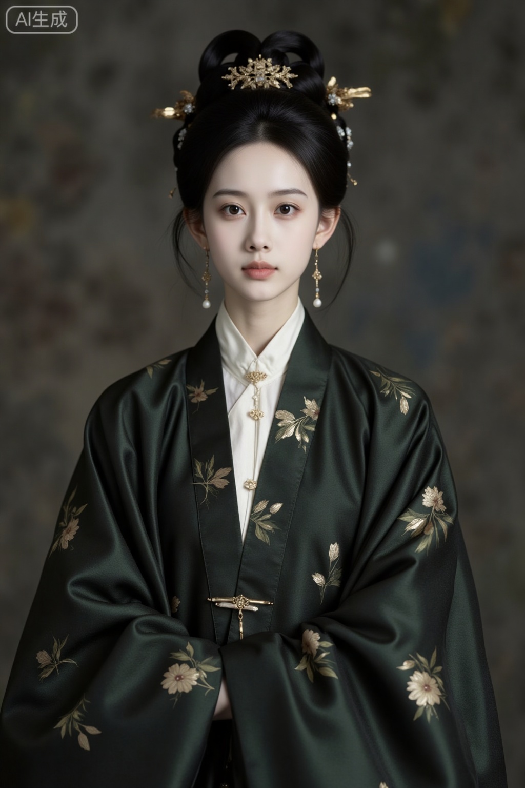 Ming Dynasty, A slightly plump beauty, realistic portrait photography, dressed in the style of the Ming Dynasty court, ink and wash splashing, dark style, cold and aloof