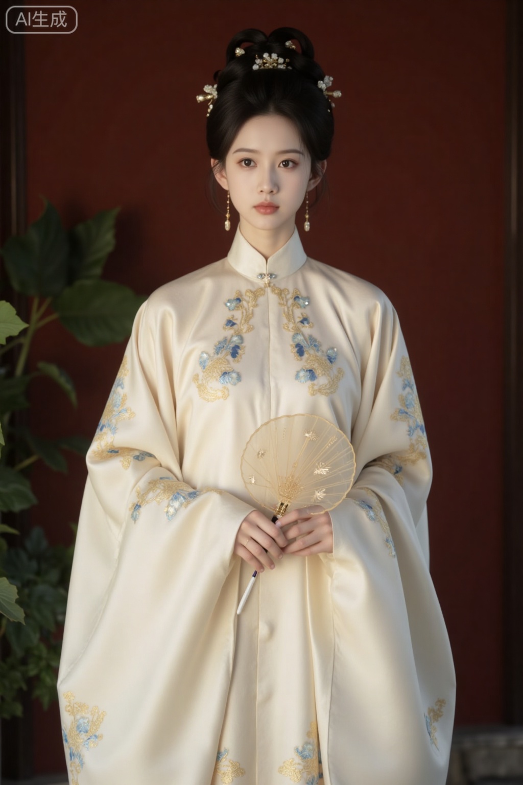 This is a high-resolution photograph of a young East Asian woman standing against a rich, deep red wall, with greenery partially visible in the background. The woman has fair skin, delicate features, and is dressed in an elaborate traditional Chinese outfit. Her hair is styled in an intricate updo adorned with delicate floral hairpins and small ornaments, showcasing a meticulous attention to detail.

She wears a long-sleeved, high-collared robe made of a smooth, cream-colored fabric adorned with intricate embroidery in gold and blue hues, featuring floral and paisley patterns. The robe is complemented by a matching skirt with a similar design, which flows gracefully down to her feet. She holds a small, round, transparent fan in her right hand, which she appears to be adjusting, adding a touch of movement to the still image.

The background is softly blurred, drawing focus to the woman and her attire. The overall composition is serene and elegant, capturing the essence of traditional Ch