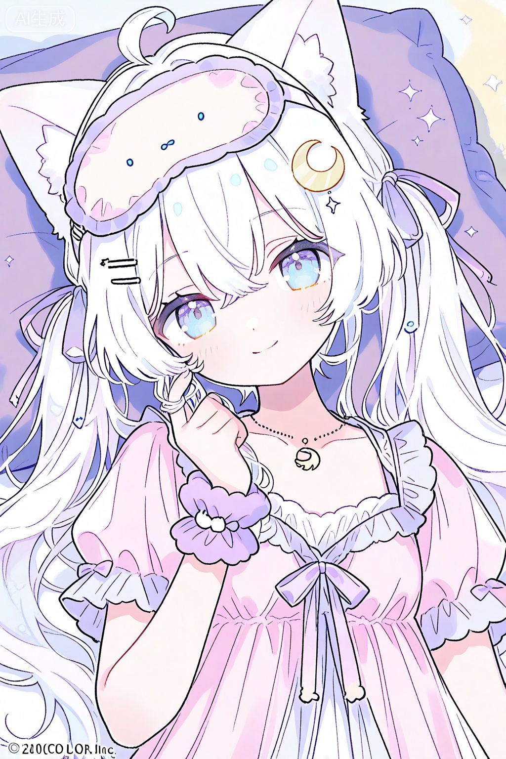 1girl, ahoge, animal ear fluff, animal ears, babydoll, blue eyes, cat ears, cat girl, cat hair ornament, closed mouth, collarbone, crescent, crescent hair ornament, crescent necklace, crossed bangs, dress, dutch angle, frilled babydoll, frilled sleeves, frills, hair ornament, hair ribbon, hairclip, head tilt, jewelry, light blush, logo, long hair, looking at viewer, necklace, nightgown, pajamas, pastel colors, pillow, pink babydoll, pink dress, pink nightgown, puffy short sleeves, puffy sleeves, purple ribbon, purple scrunchie, ribbon, scrunchie, short sleeves, sleep mask, smile, solo, sparkle, sparkling aura, threads username, twintails, twirling hair, upper body, virtual youtuber, white hair, wrist scrunchie

