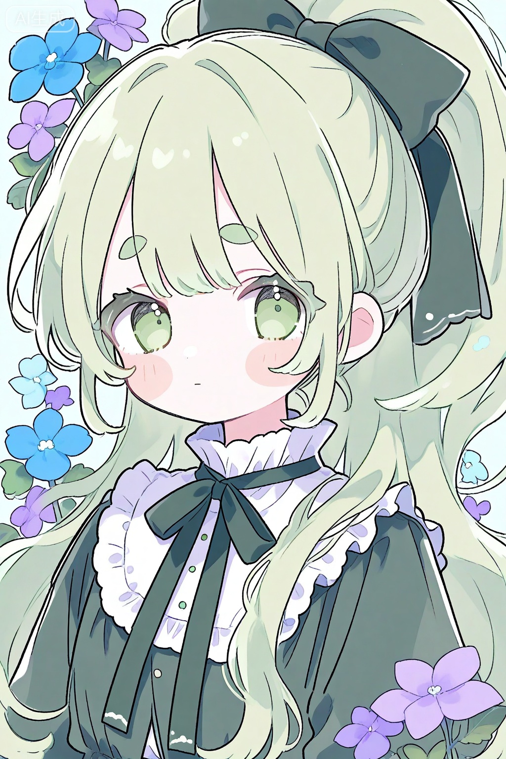 1girl, solo, flower, long hair, looking at viewer, bow, hair bow, closed mouth, ribbon, green hair, green eyes, blush, ponytail, thick eyebrows, frills, frilled shirt collar, shirt, blush stickers, upper body, neck ribbon, purple flower, white background, green bow, blue flower, blue background, frilled collar