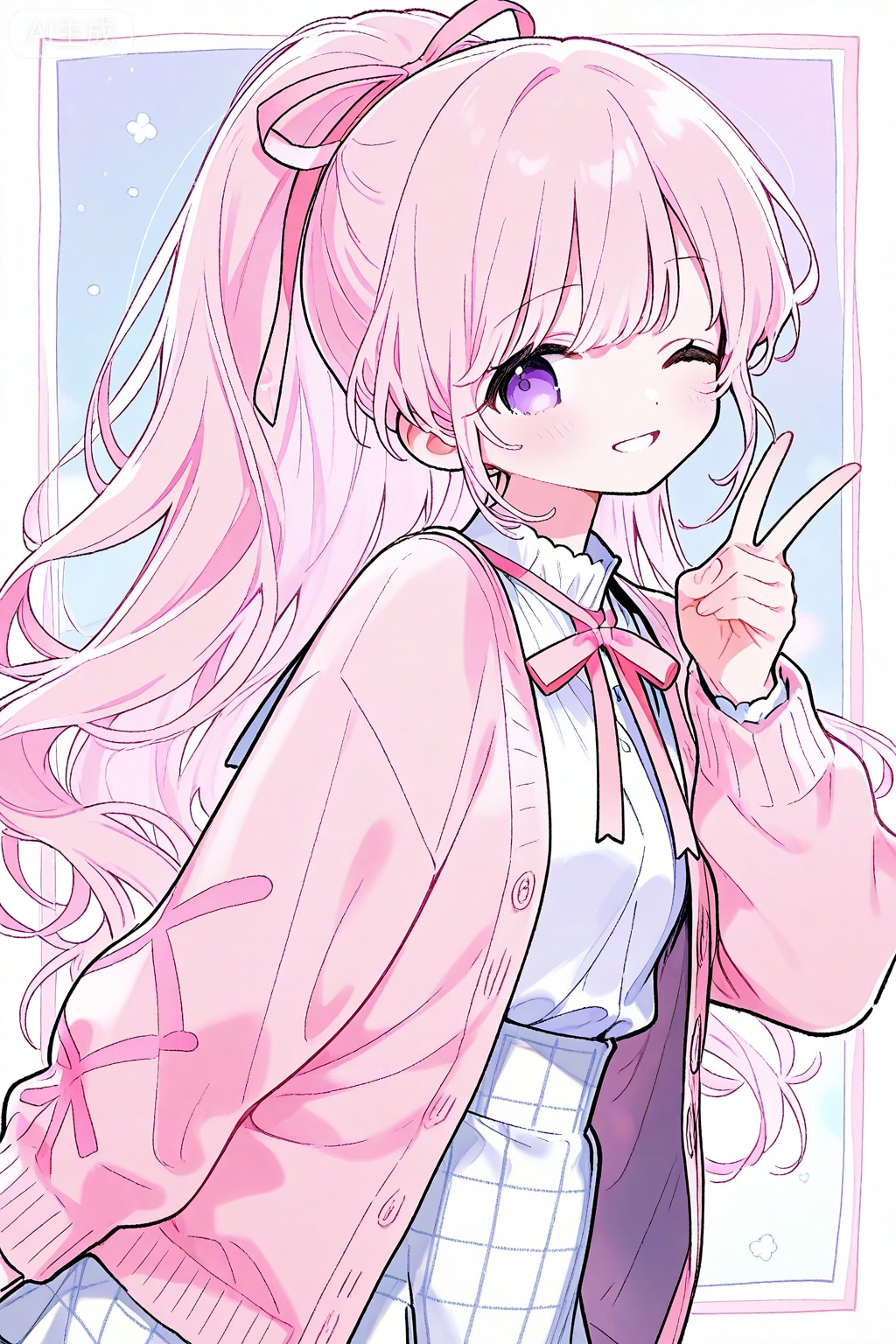 1girl, solo, one eye closed, ribbon, smile, shirt, pink hair, long hair, ponytail, skirt, white shirt, pink ribbon, looking at viewer, purple eyes, blush, hair ribbon, long sleeves, jacket, white skirt, neck ribbon, pink jacket, open clothes, plaid skirt, grin, plaid, pink cardigan, cardigan, white border, v