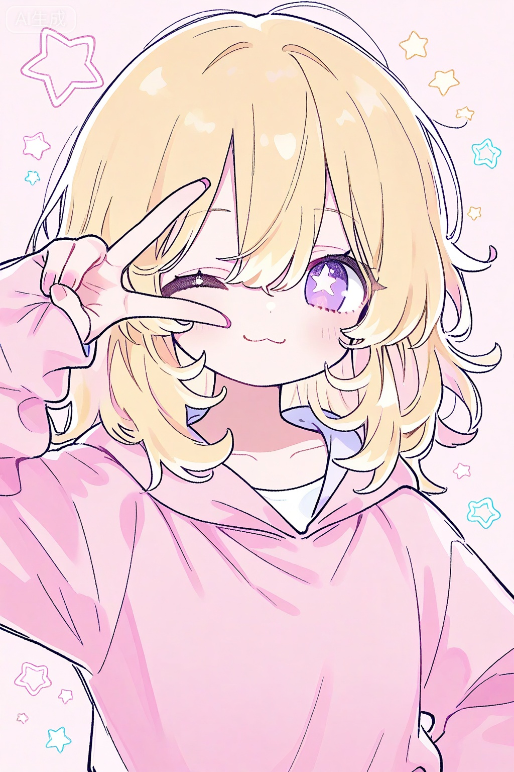 1girl, one eye closed, solo, blonde hair, star \(symbol\), hood, star-shaped pupils, hoodie, v, purple eyes, looking at viewer, smile, upper body, medium hair, symbol-shaped pupils, collarbone, simple background, blush, long sleeves, hood down, closed mouth, pink hoodie, :3, v over eye, pink background, pink nails, hair between eyes, nail polish