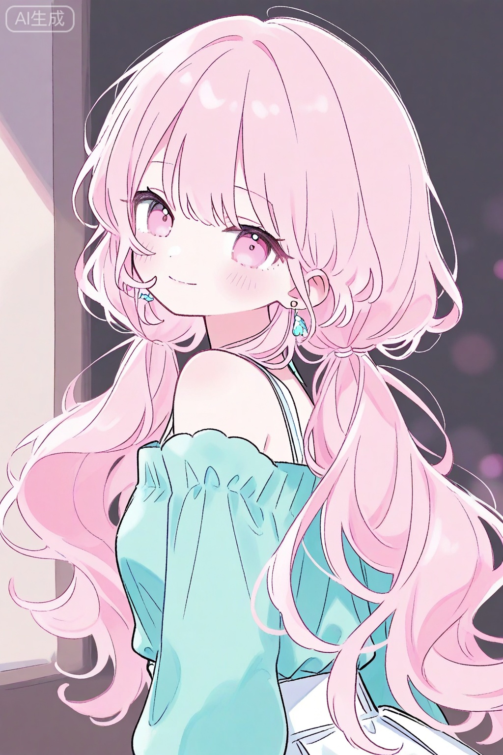 1girl, solo, long hair, pink hair, smile, pink eyes, shirt, earrings, jewelry, looking at viewer, blush, off shoulder, bare shoulders, long sleeves, twintails, off-shoulder shirt, closed mouth, upper body, low twintails, blue shirt, white skirt, skirt, aqua shirt