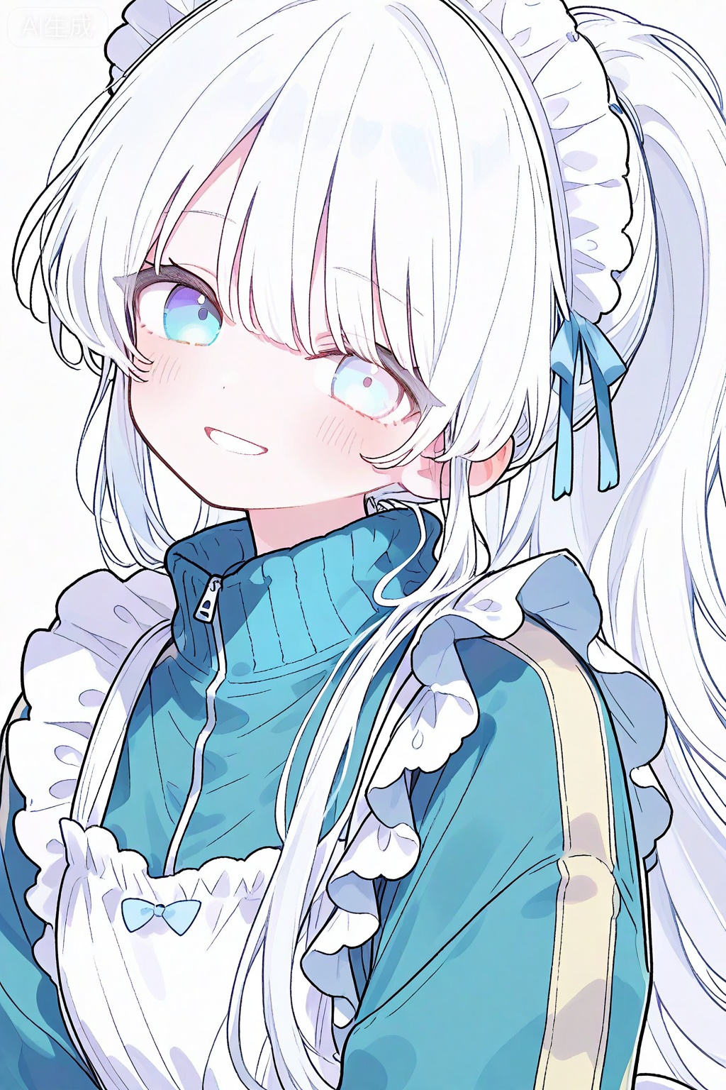 1girl, solo, unconventional maid, maid, maid headdress, smile, blue eyes, jacket, track jacket, long hair, apron, white background, looking at viewer, white hair, upper body, white apron, simple background, maid apron, blush, ponytail, blue jacket, frilled apron, frills, heterochromia, grin