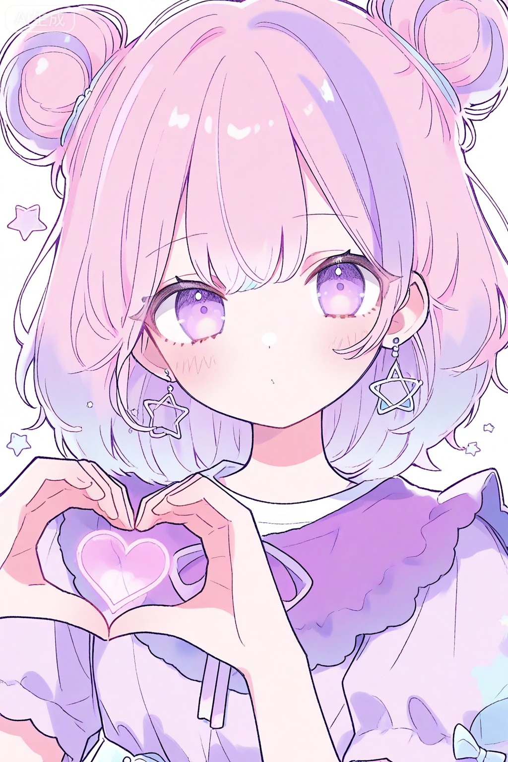 1girl, heart hands, solo, heart, earrings, double bun, jewelry, purple eyes, hair bun, blush, white background, looking at viewer, star \(symbol\), simple background, purple hair, upper body, short sleeves, bow, pink hair, multicolored hair, shirt, short hair, medium hair, purple shirt